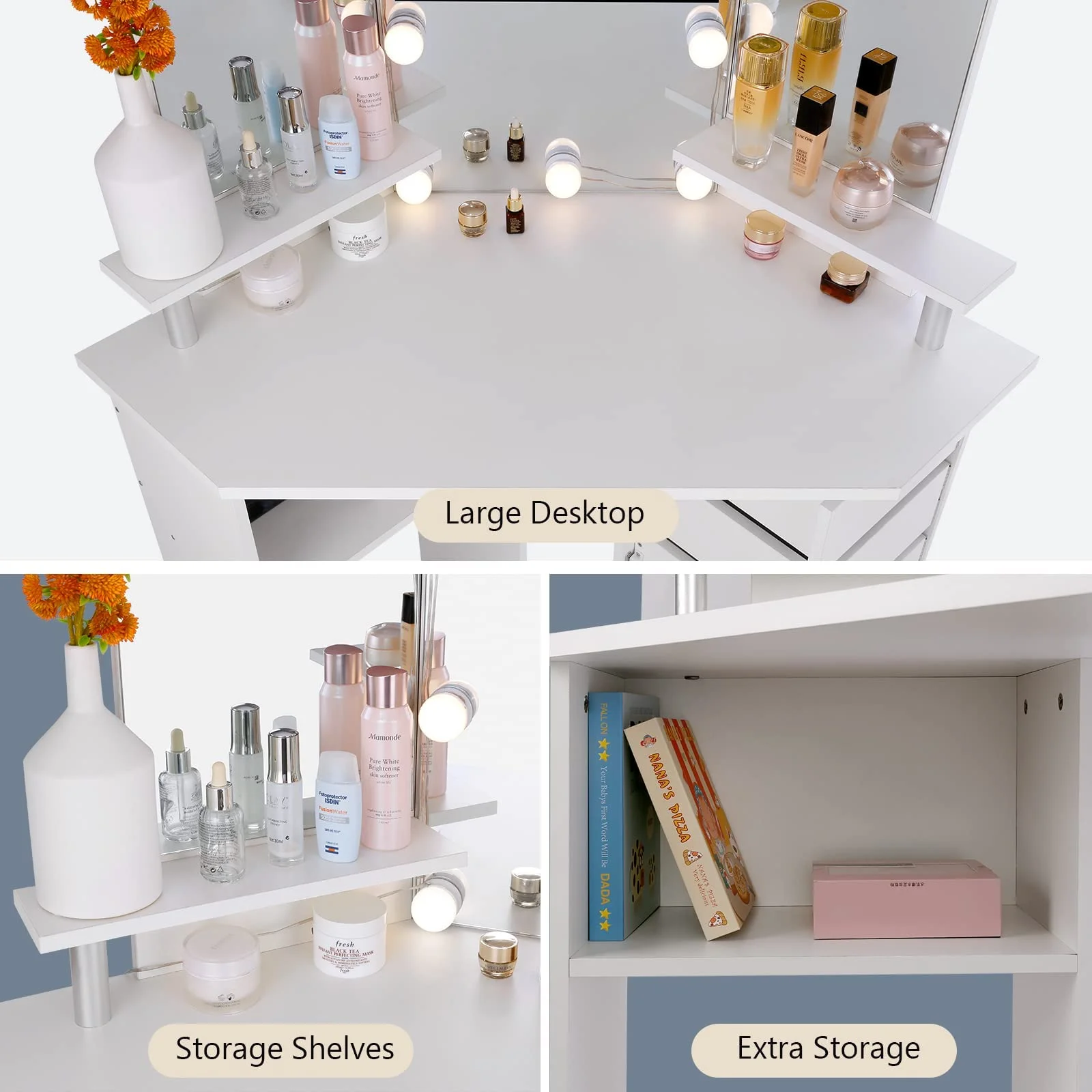Corner Vanity Table Stool Lights Set for Modern Bedroom