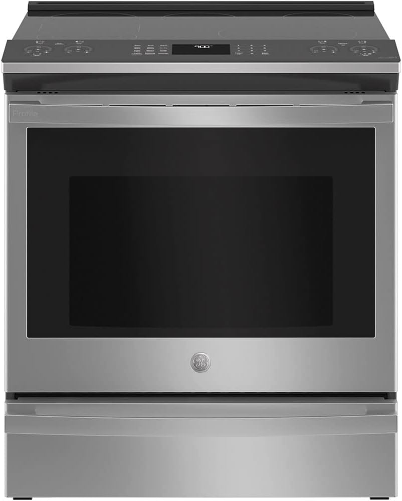 GE Profile PSS93YPFS 30" Slide-In Smart Electric Range with 4 Radiant Heating Elements, 5.3 Cu. Ft. True Convection Oven, Storage Drawer, WiFi, Self Clean with Steam Option,