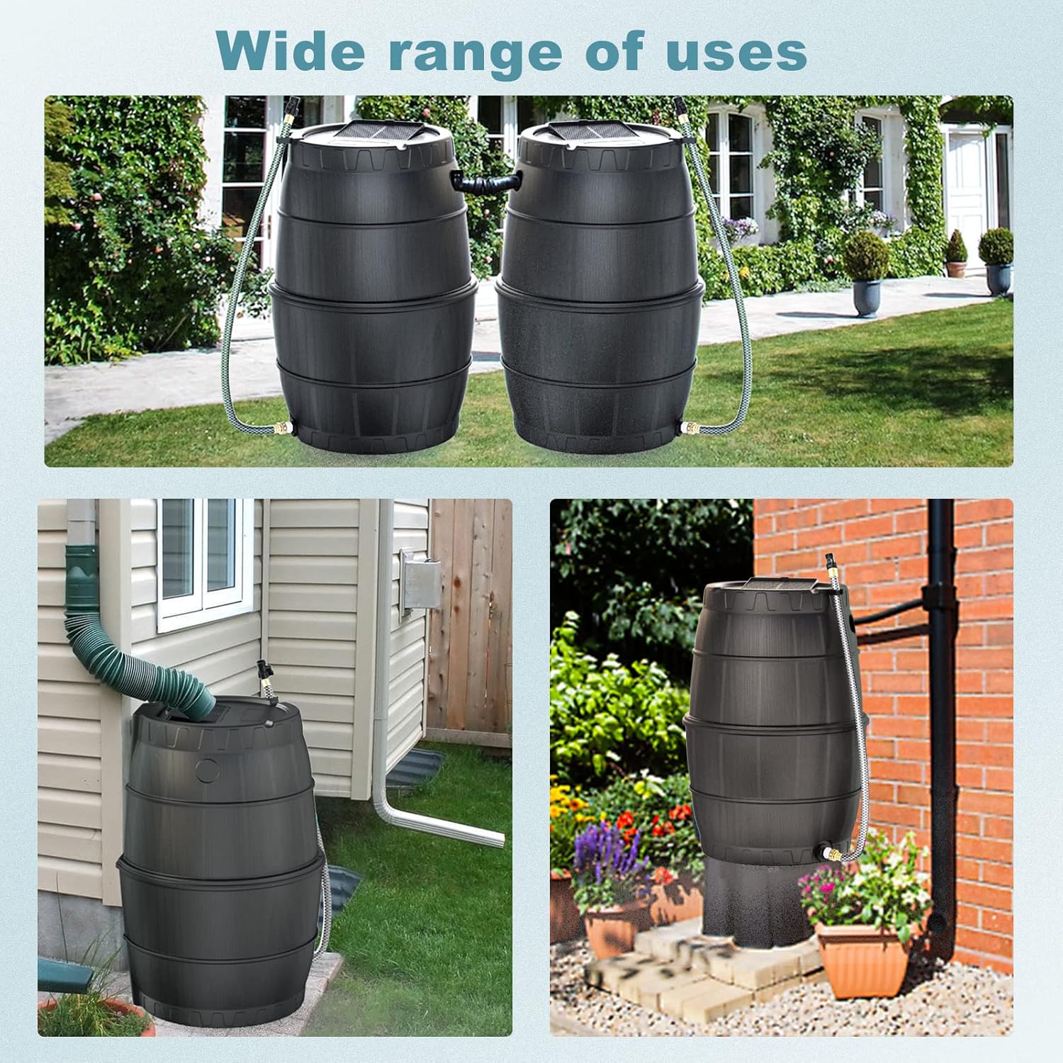 SQUEEZE master 50 Gallon Rainwater Collection Barrel-BPA Free Home Rain Catcher with Outlet Hose-Flatback Designed Water Storage Collection Barrel for Gardens and Plants