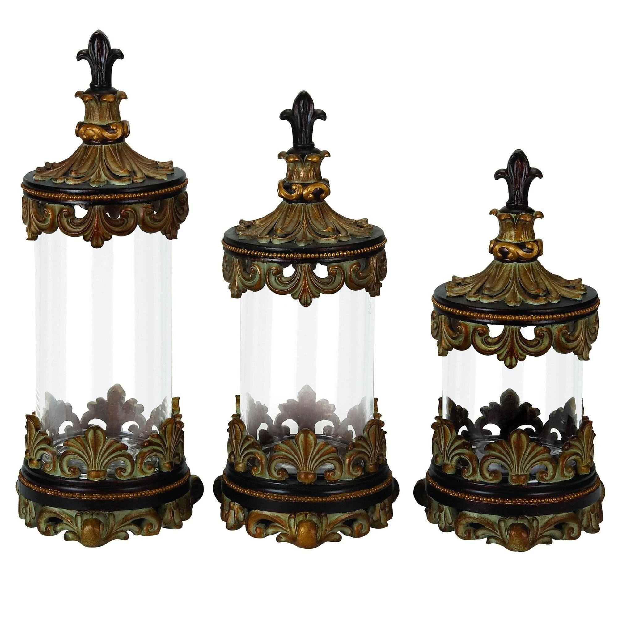 Antiqued Gold Fleur-de-lis 3-Piece Glass Cylinder Canister Set