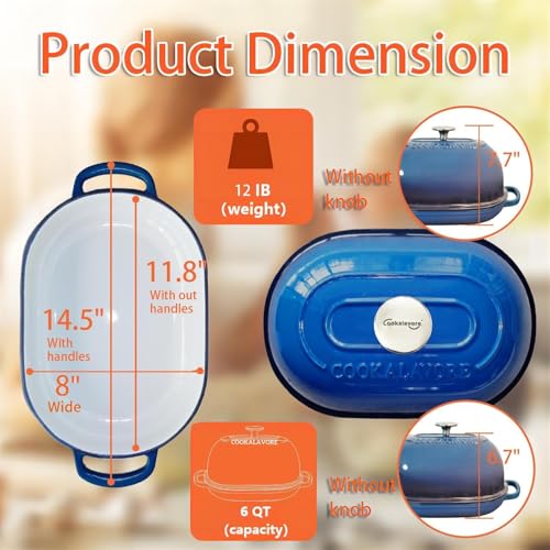 Cast Iron Dutch Oven,6 QT Bread Oven,Thick Enameled Loaf Pan with Lid,Bread Pans for Homemade Bread,14.5"Dutch Oven for Bread Baking,Loaf Pans-with Silicone Baking Mat&Recipe,Gifts for Family,Blue