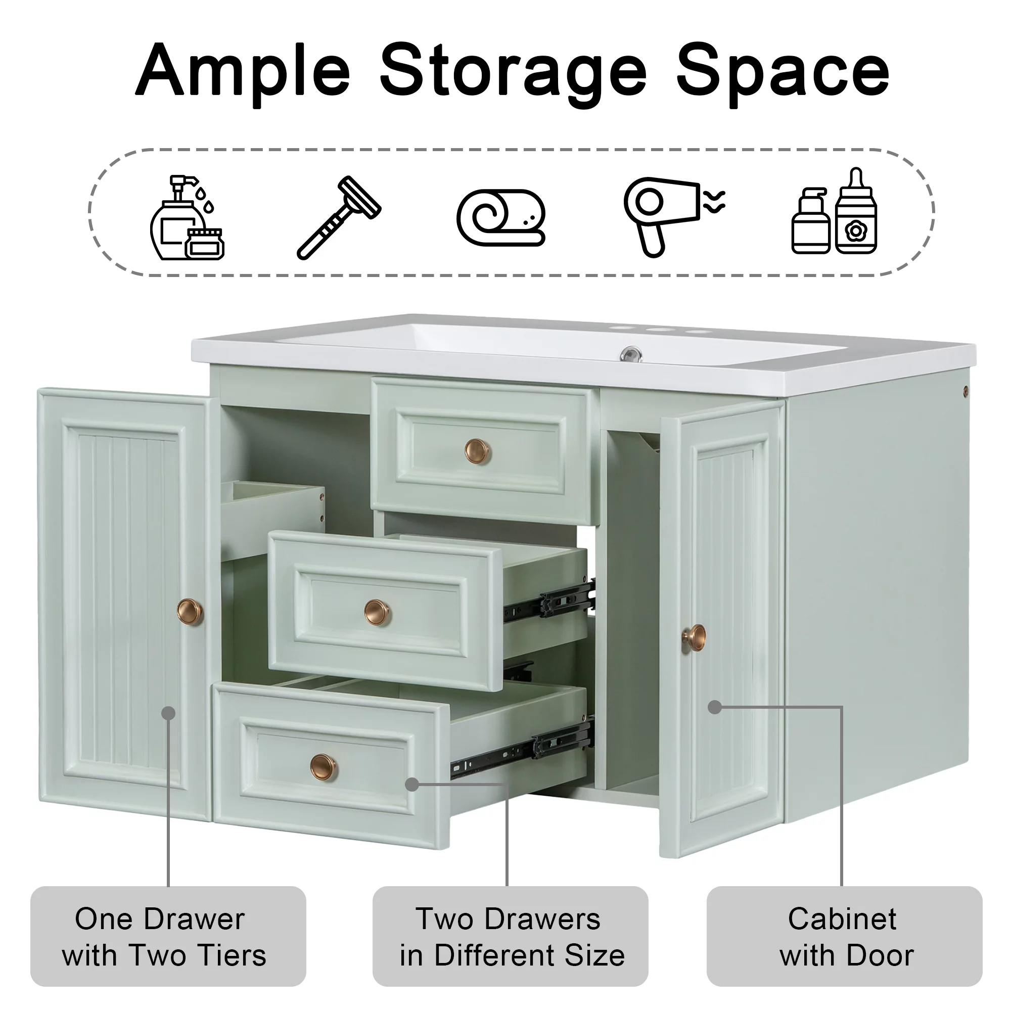 Churanty 30" Wall Mounted Bathroom Vanity with Sink, Vanity Cabinet with Functional Storage Drawer, Solid Wood & MDF Board, Green