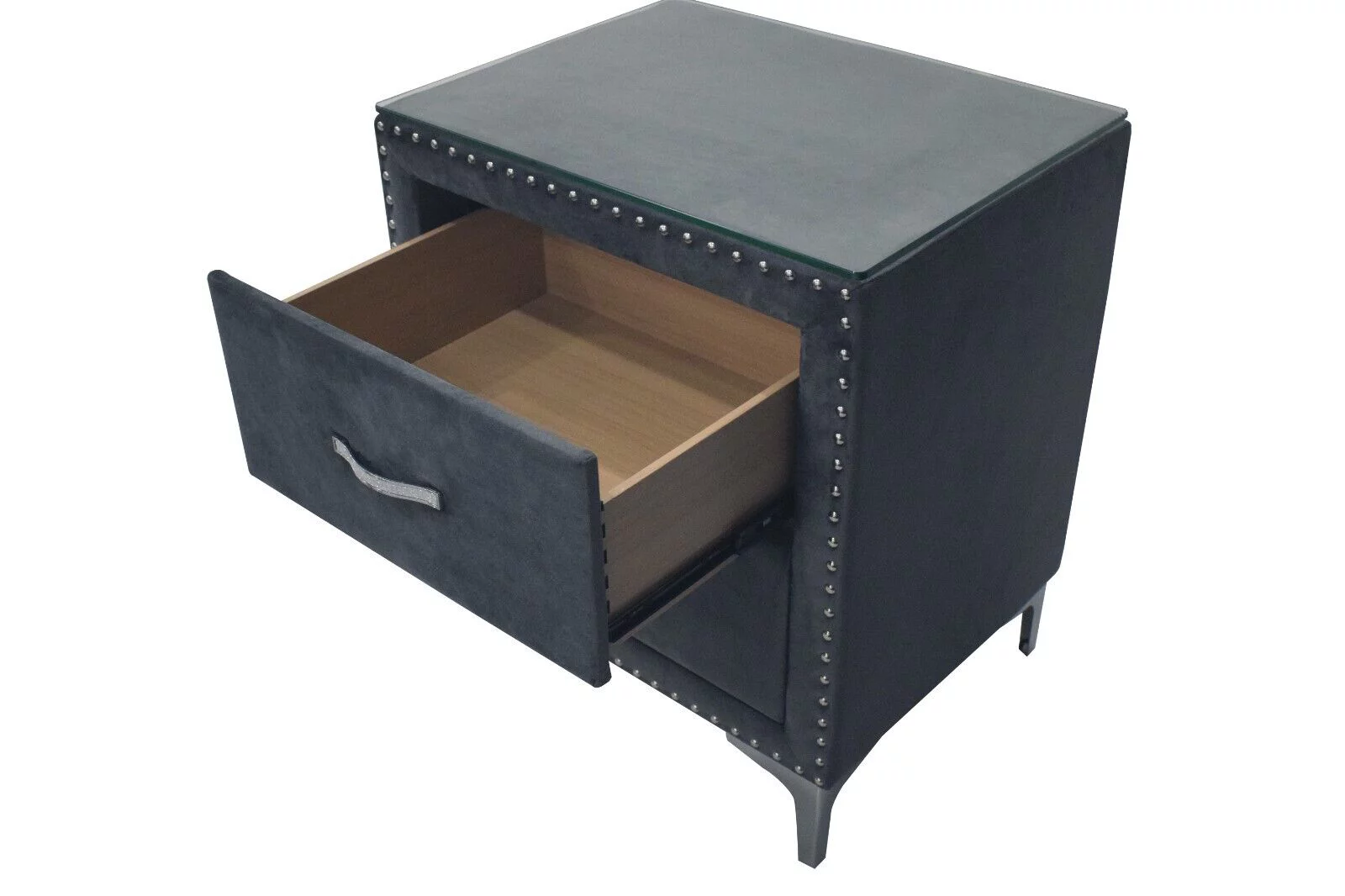Modern Glamourous Style 3pc King Size Bed Chest Nightstand Bedroom Set Dark Gray Velvet Upholstery Furniture