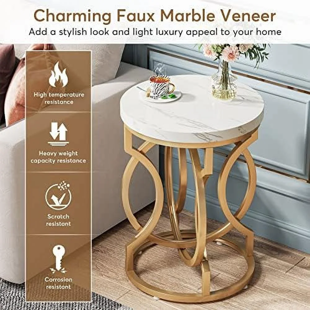 HJZBNONE Round End Table Set of 2  Multifunctional Accent Table Small Side Table for Living Room  Modern White Gold Nightstand with Faux Marble Tabletop  Bedside Table for Bedroom (2 PCS)