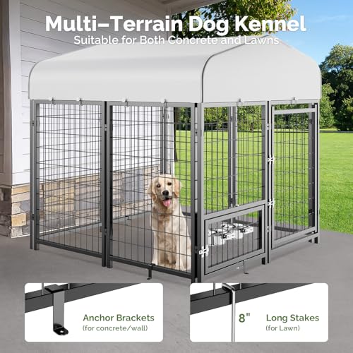 SINO LUBAN Outdoor Dog Kennel Outside Run with Doggy Door, Swivel Feeder&Roof - 8x4x6 Large Dog Kennels Pens Outside for Large Dogs Breed-Heavy Duty Cage Enclosure Yard (Can Connect to Your Dog House)
