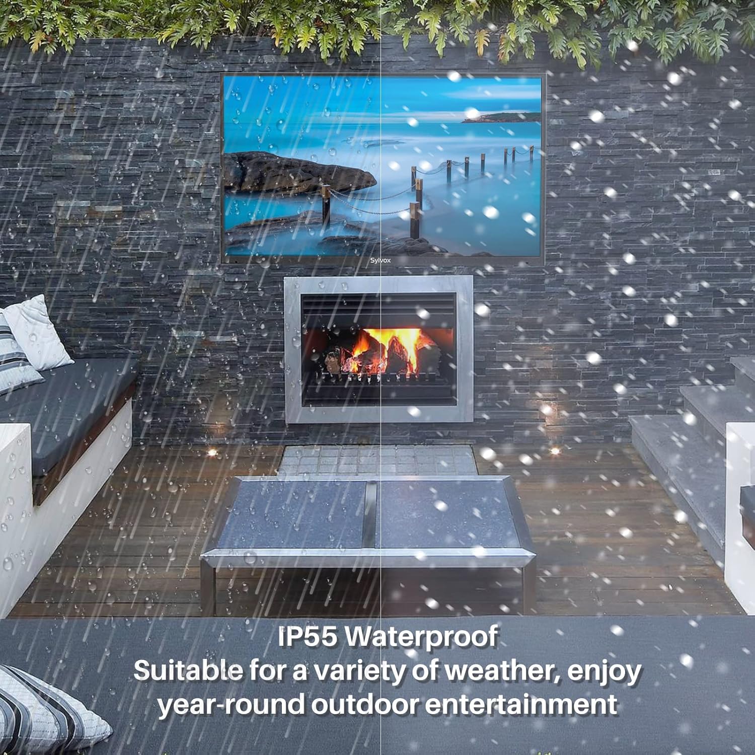 SYLVOX 43” Outdoor TV with 60W Waterproof Soundbar & Wall Mount, 4K Weatherproof TV, IP55 Waterproof TV & IP65 Bluetooth Speaker, 1000nits Brightness for Partial Sun Areas