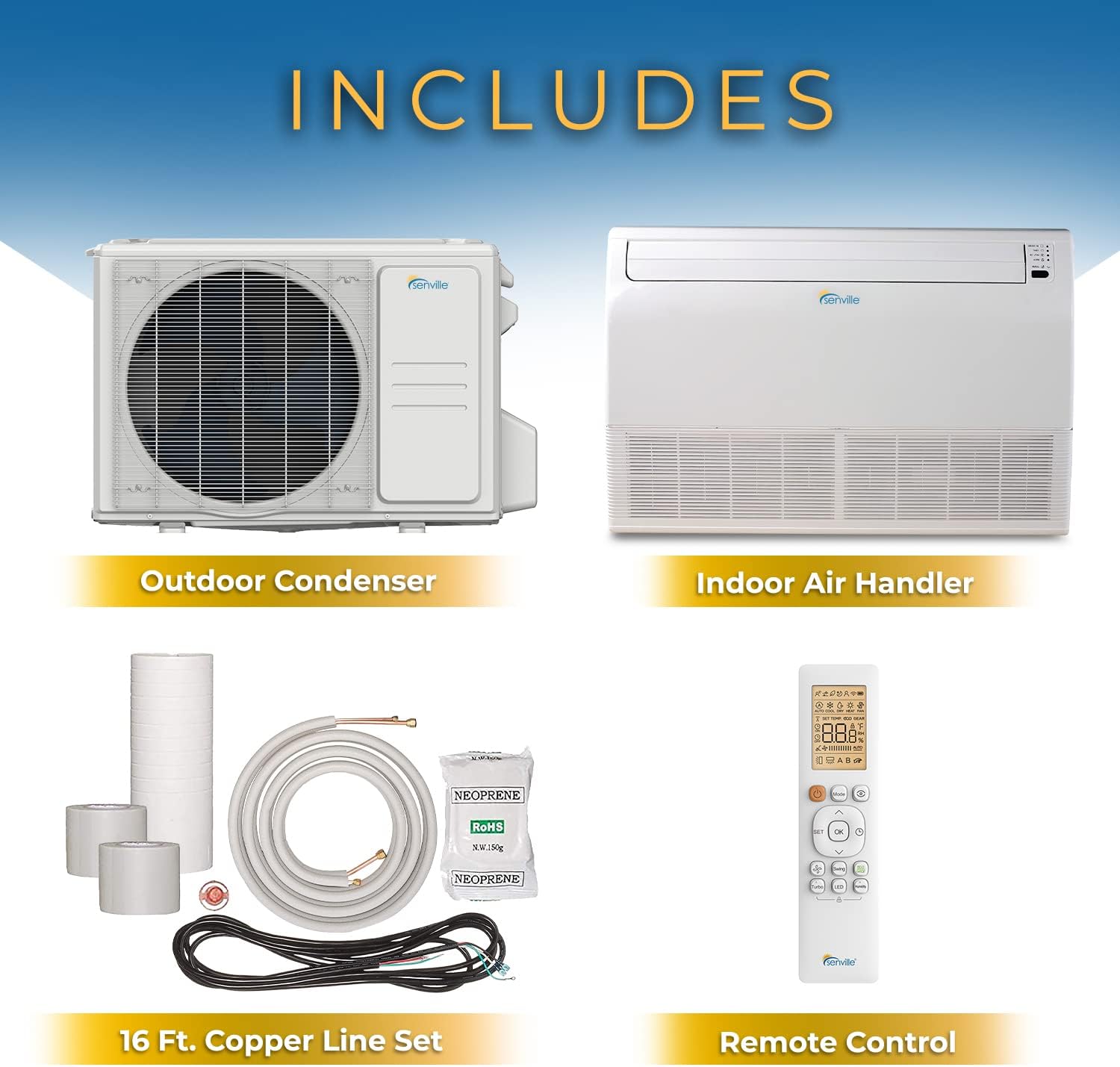 Senville 24,000 BTU Floor Console Mini Split AC/Heating System, Floor/Ceiling Mounted, 16 Ft. Install Kit, 208/230V, White