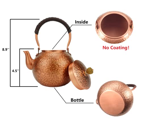 Funmaker Handmade Solid Copper Tea Pot Kettle Stovetop Teapot Thick Hammered Copper Tea Pot Kettle Stovetop Teapot Made for gasstove tops pure copper kettle