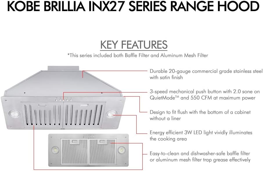 KOBE INX2730SQB-700-2 Brillia 30-inch Built-in/ Insert Range Hood, 3-Speed, 550 CFM, LED Lights, Baffle Filters, Stainless Steel
