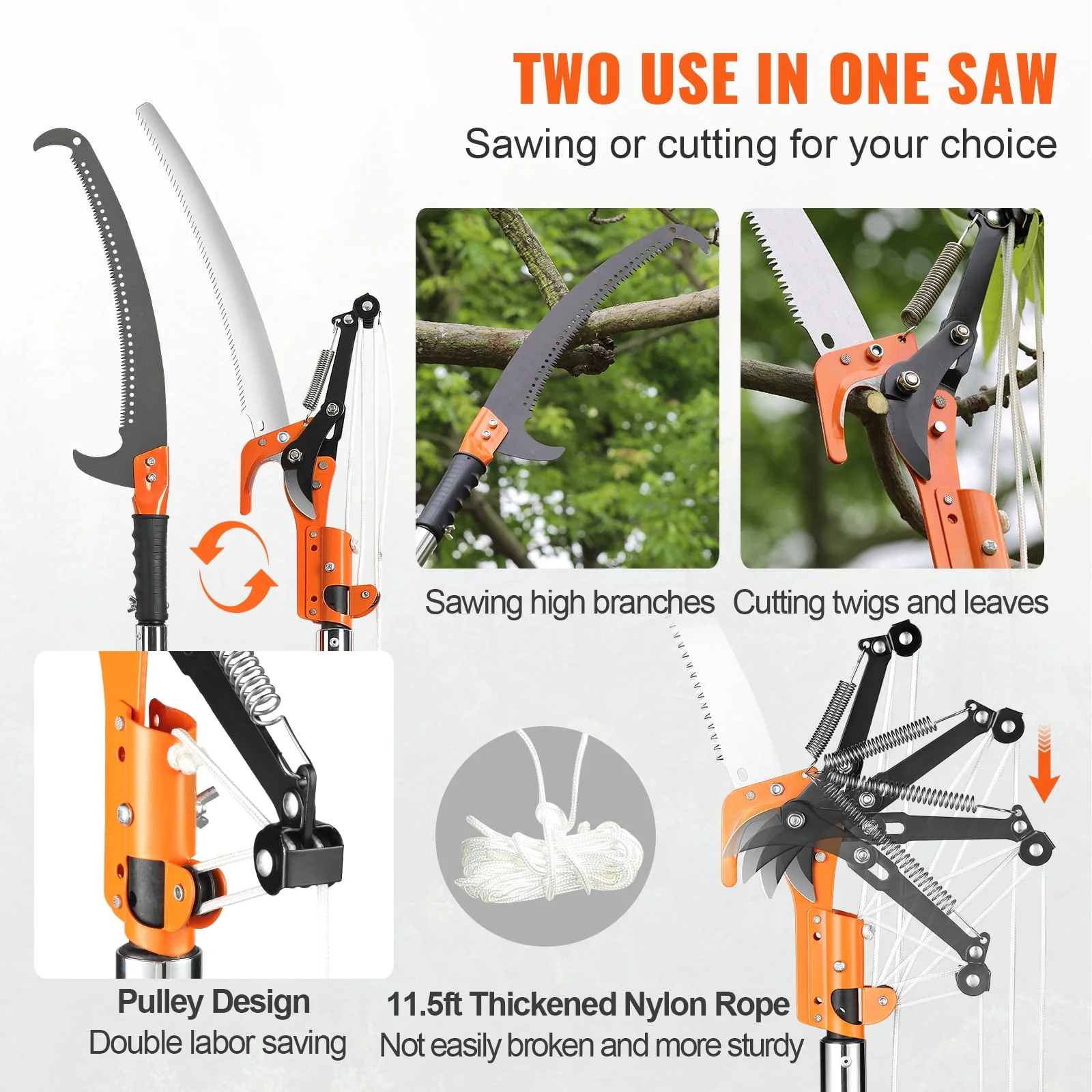 BENTISM Manual Pole Saw Extendable Tree Pruner 7.3-27ft Fiberglass Pole Hook Knife