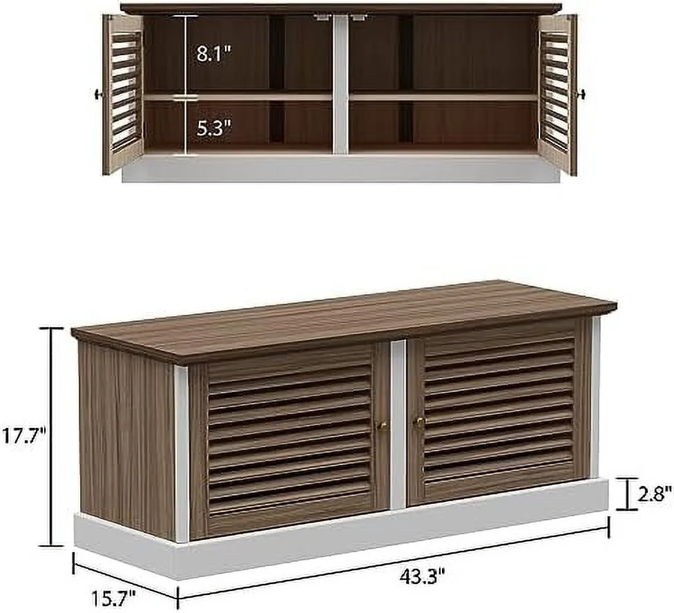 RUNFAYBIU 43.3"  Bench with Louver Doors  Entryway Shoe Bench with  Shelves ; Spacious Seat for Hallway  Mudroom ; Living Room  Brown and White