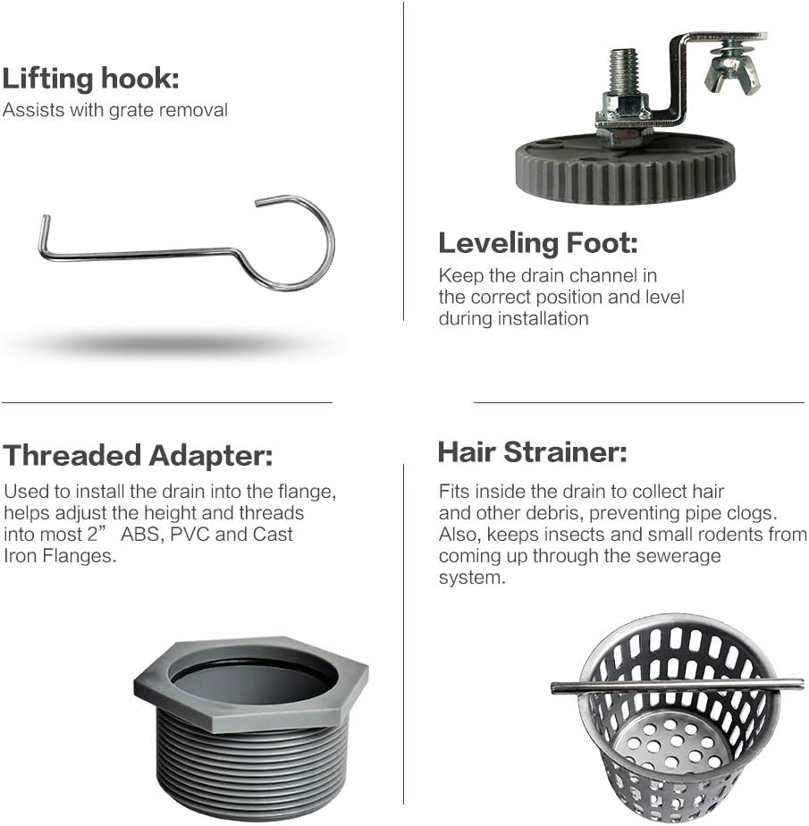 Neodrain 36-Inch Offset Side Outlet Linear Shower Drain with Quadrato Pattern Grate Cover, Brushed 304 Stainless Steel Rectangle Shower Floor Drain, with Leveling Foot, Hair Strainer catcher