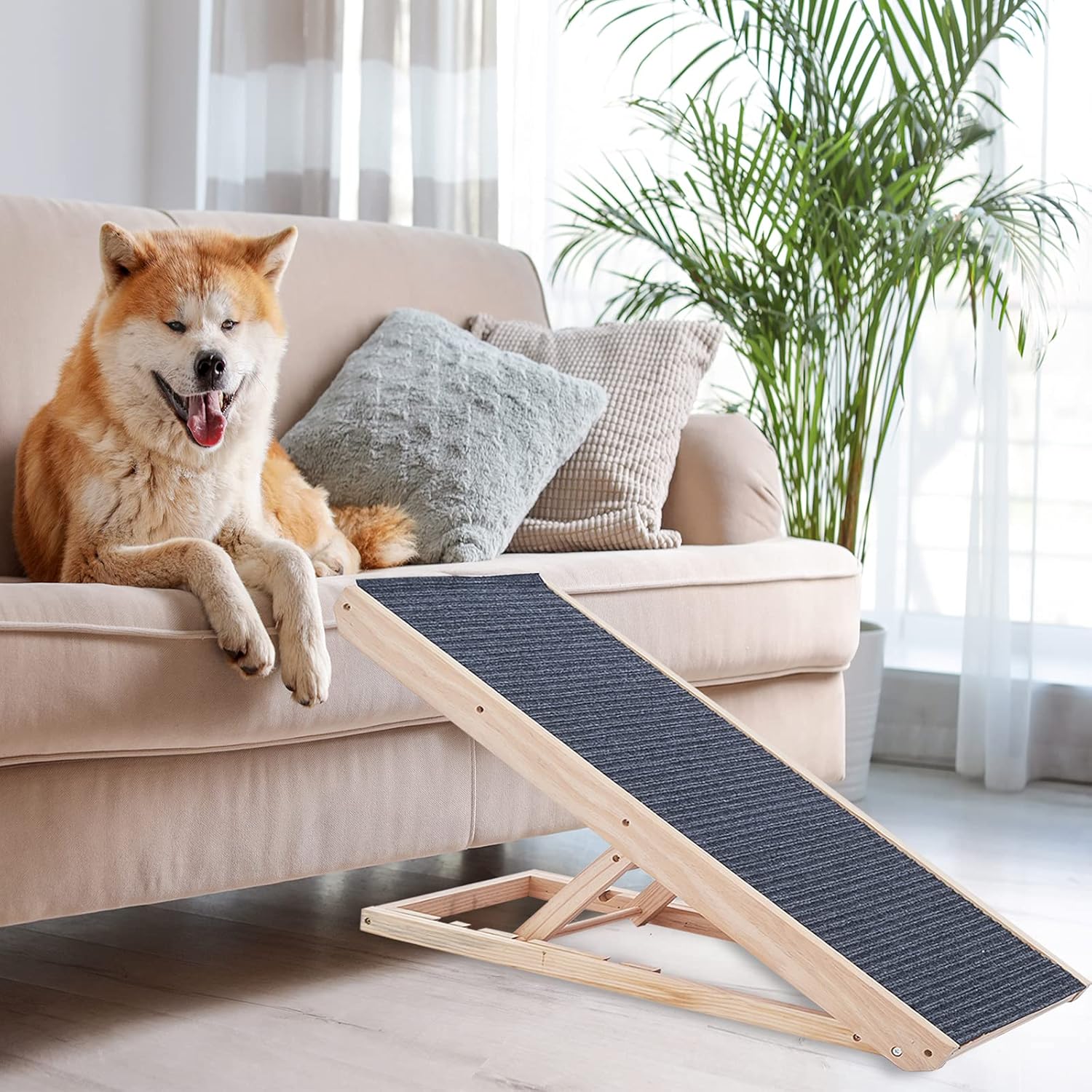 NEWISH Wooden Adjustable Pet Ramp - Bed Ramp for Dogs and Cat - Foldable Portable Dog Ramp - Non-Slip Pet Ramp with Traction Pad, Great for Older Animals - 40 Long and Adjustable from 9 to 24