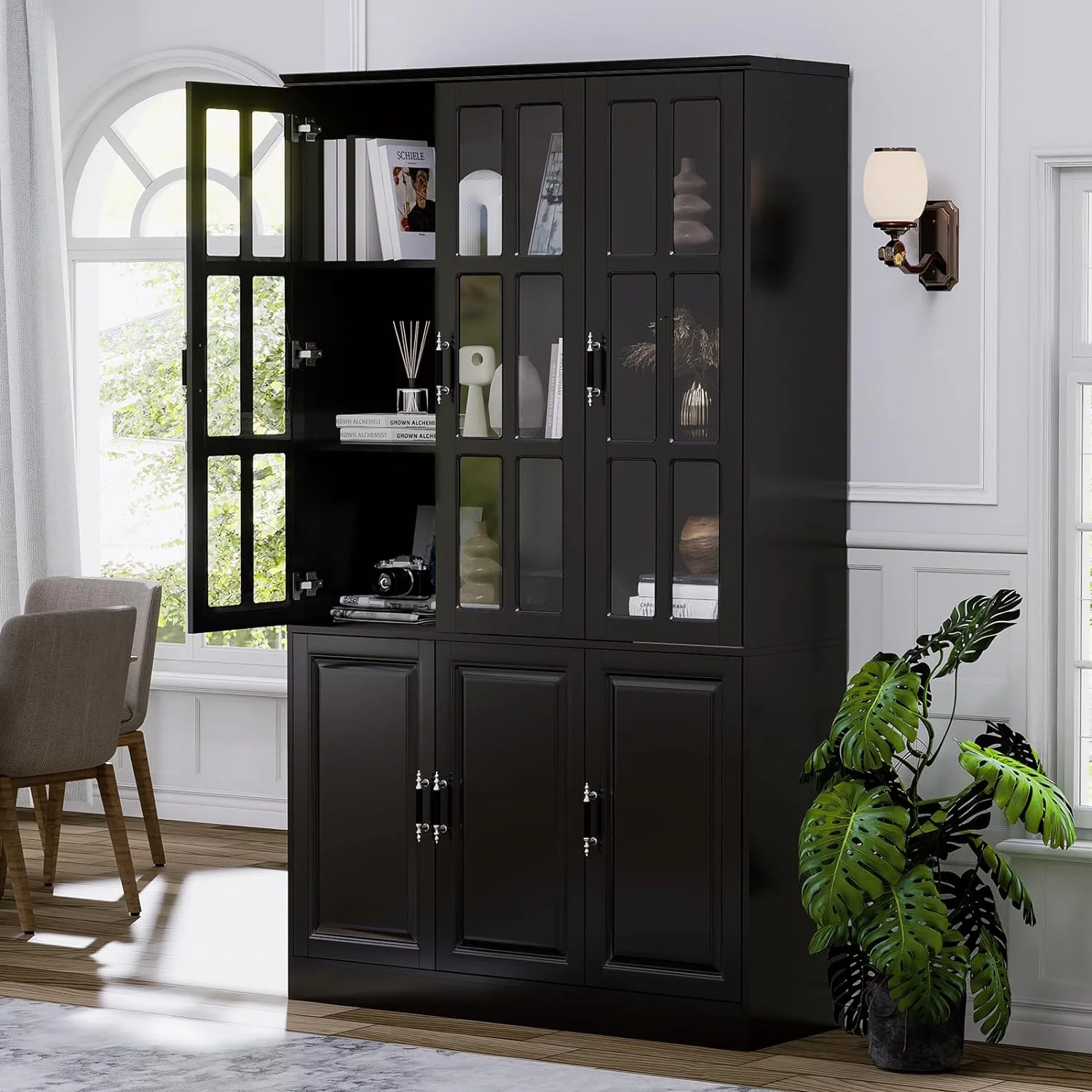 MEISSALIVVE Kitchen Pantry Storage Cabinet, 78.7" Tall Pantry Cabinet with Glass Doors & Shelves, Freestanding Kitchen Hutch Utility Pantry, Food Pantry Cabinet Cupboard, Black (47.2" W x 15.7" D) - Curated Treasures Market