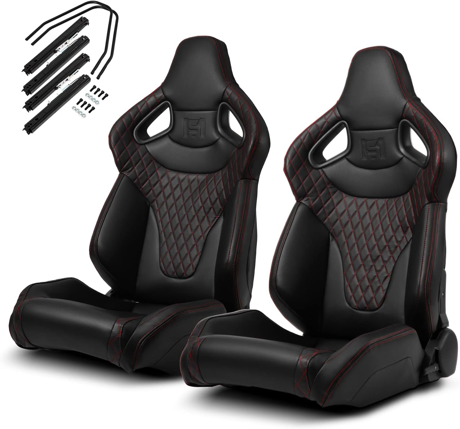 ModifyStreet 1 Pair Universal Black w/Red Stitching w/Carbon Fiber Leather PVC Reclinable C-Series Racing Seats W/Slider Left/Right