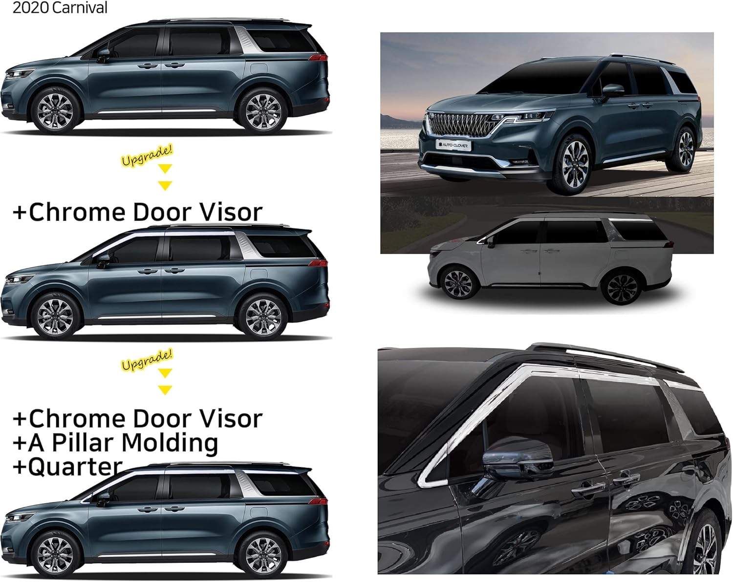 Autoclover Compatible/Replacement for A-Pillar Post Trim + Quarter Trim for Kia Carnival 2022 (4PCs) Chrome Finish Tape-On Style