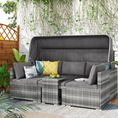 Churanty 5 Pieces Outdoor Conversation Wicker Furniture Set Sectional Patio Rattan Sofa Set Rattan Daybed with Canopy and Glass Side Table, Gray