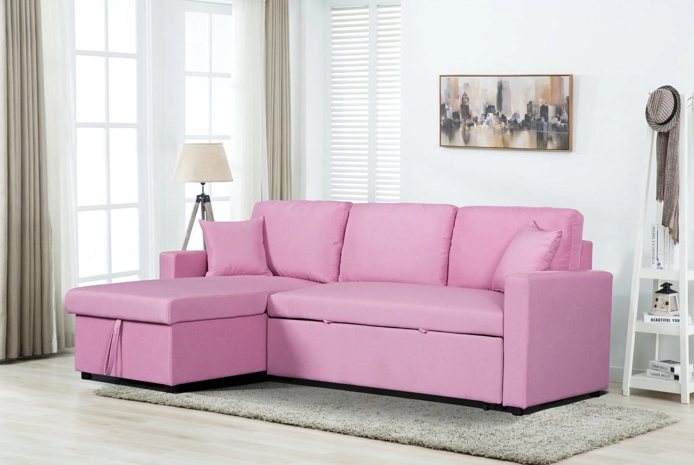 CoSoTower Pink Linen Fabric Reversible Sleeper Sectional Sofa with Storage Chaise