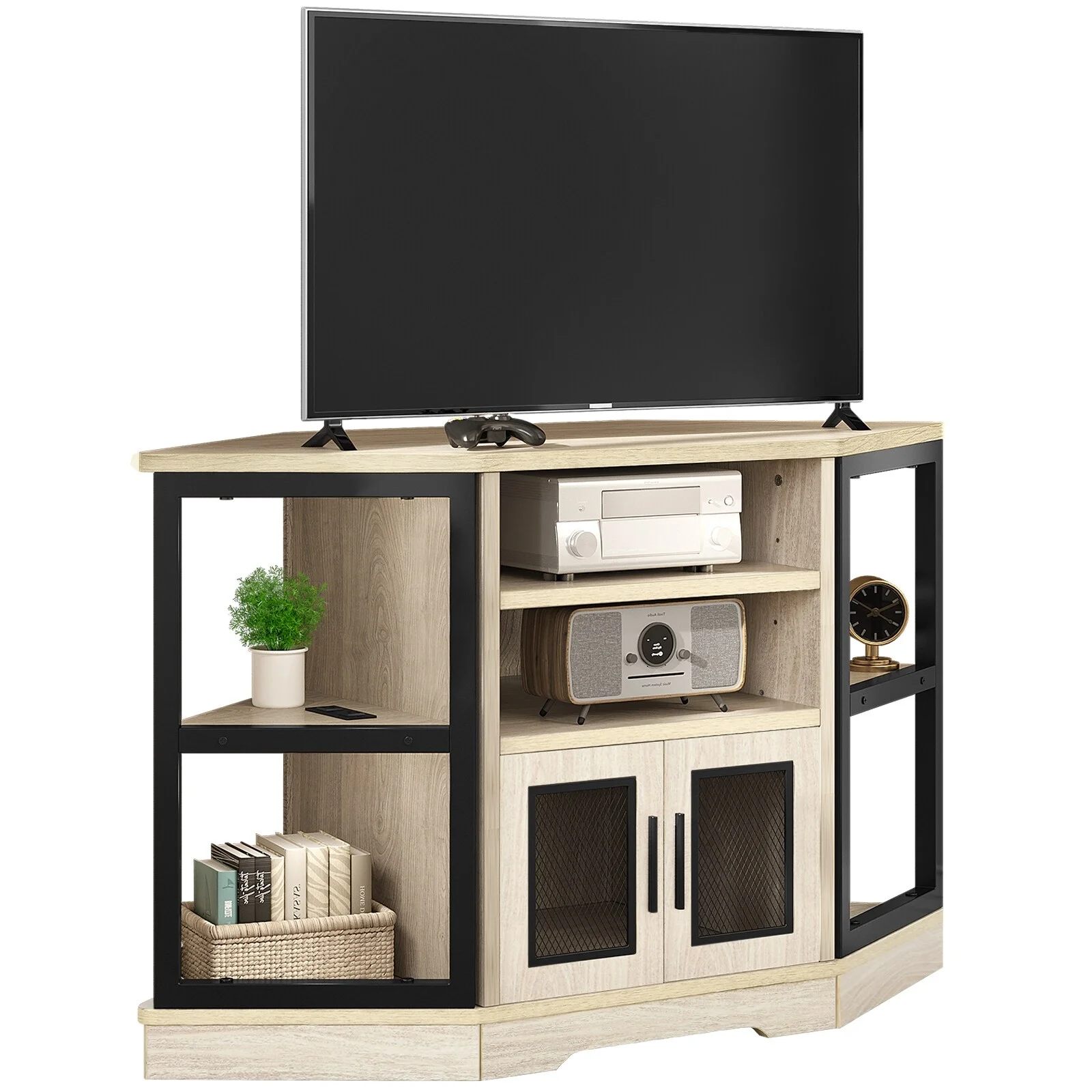 WedealFu Inc Farmhouse Corner TV Stand Entertainment Center Media Console for TVs up to 55" with Power Outlet Oak