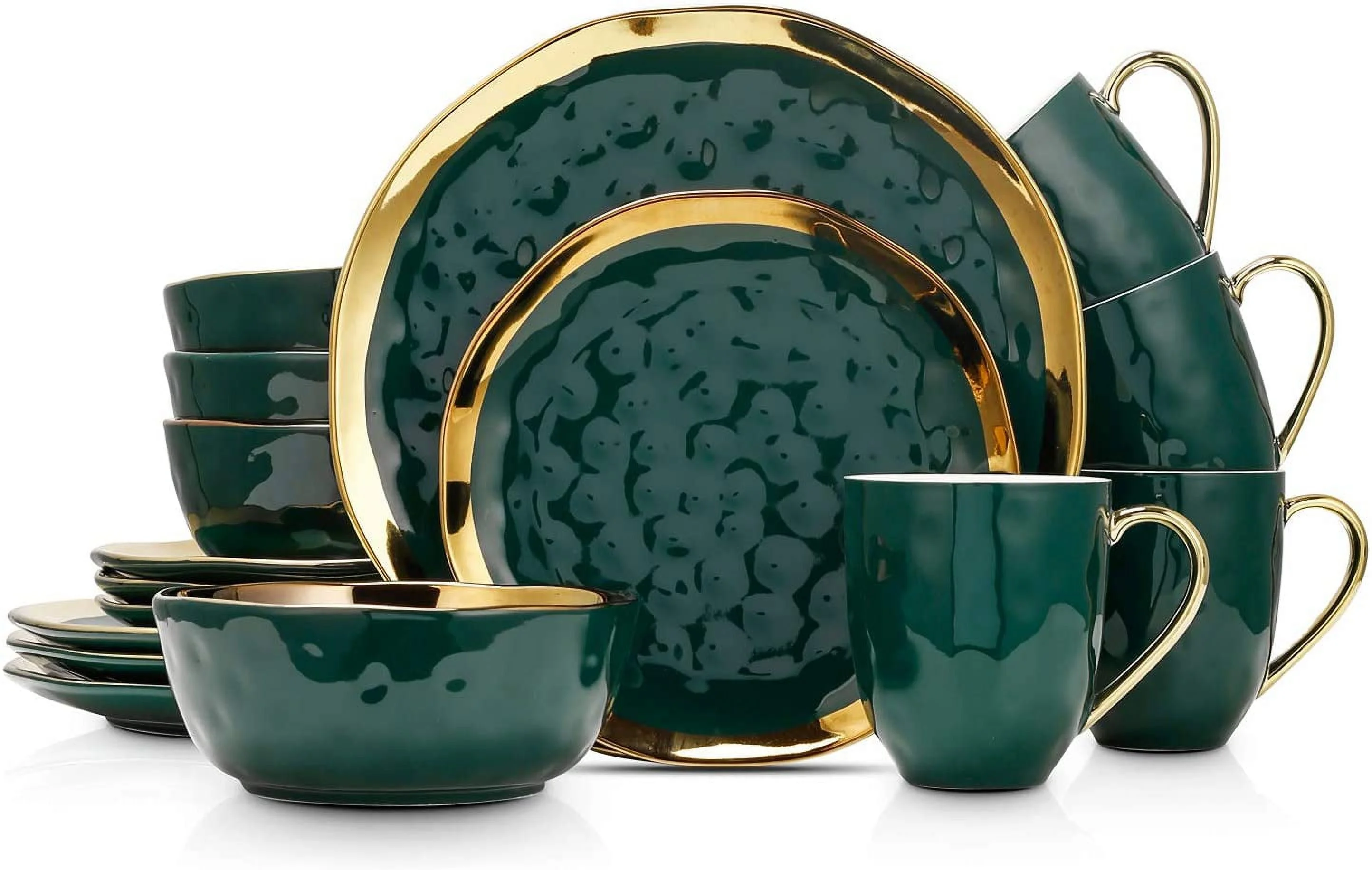 LIANMEI Porcelain 16 Piece Dinnerware Set, Service for 4, Green and Golden Rim - Curated Treasures Market