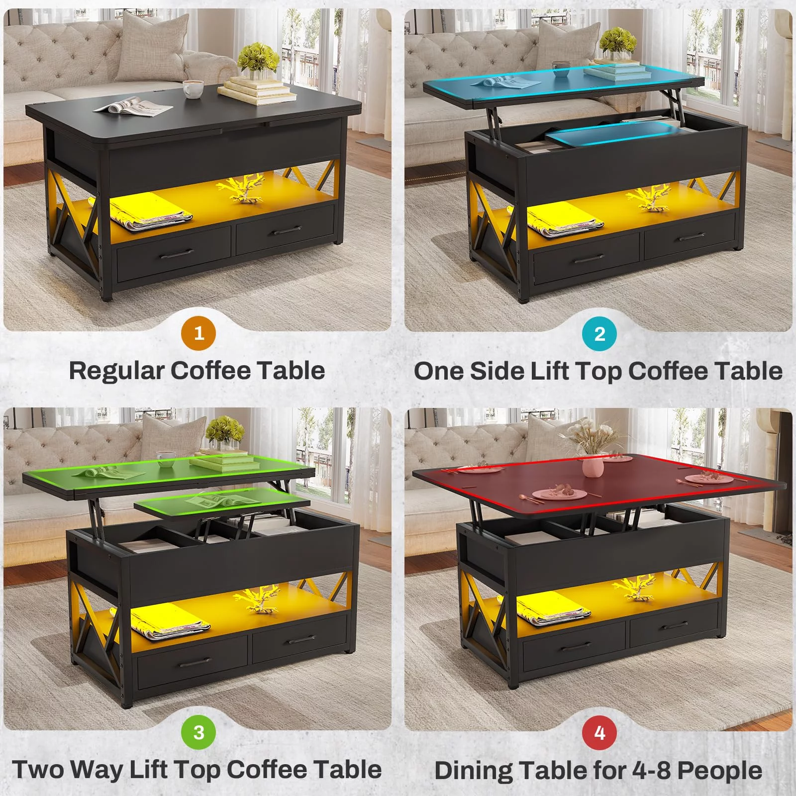 40" Lift Top Coffee Table, Farmhouse Coffee Table with 2 Drawers and LED Light, Black