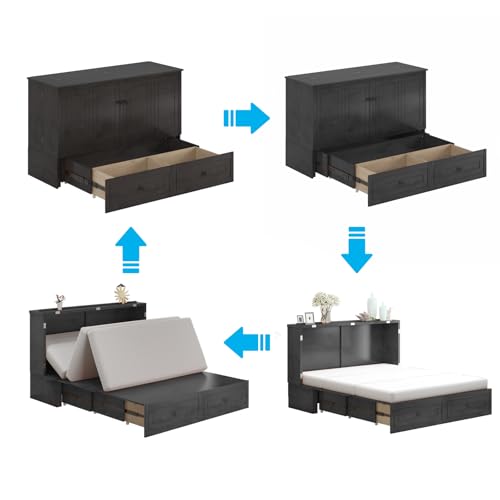 Mjkone Murphy Bed Cabinet, Queen Size Cabinets Bed Chest with USB Charging Station & Tri-Folding Mattress, Wall Beds with Storage Drawers for Guest Bedroom Apartment Office, Easily Convertible, White
