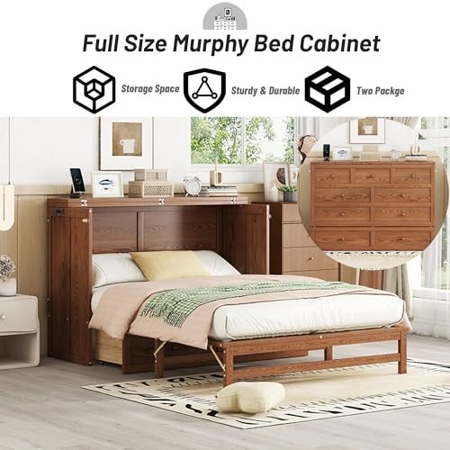 Queen Murphy Bed Cabinet, Murphy Bed Queen with Storage Drawer & Charging Station, USB Port, Solid Pine Wall Beds for Home Office, Studio or Guest Room, White