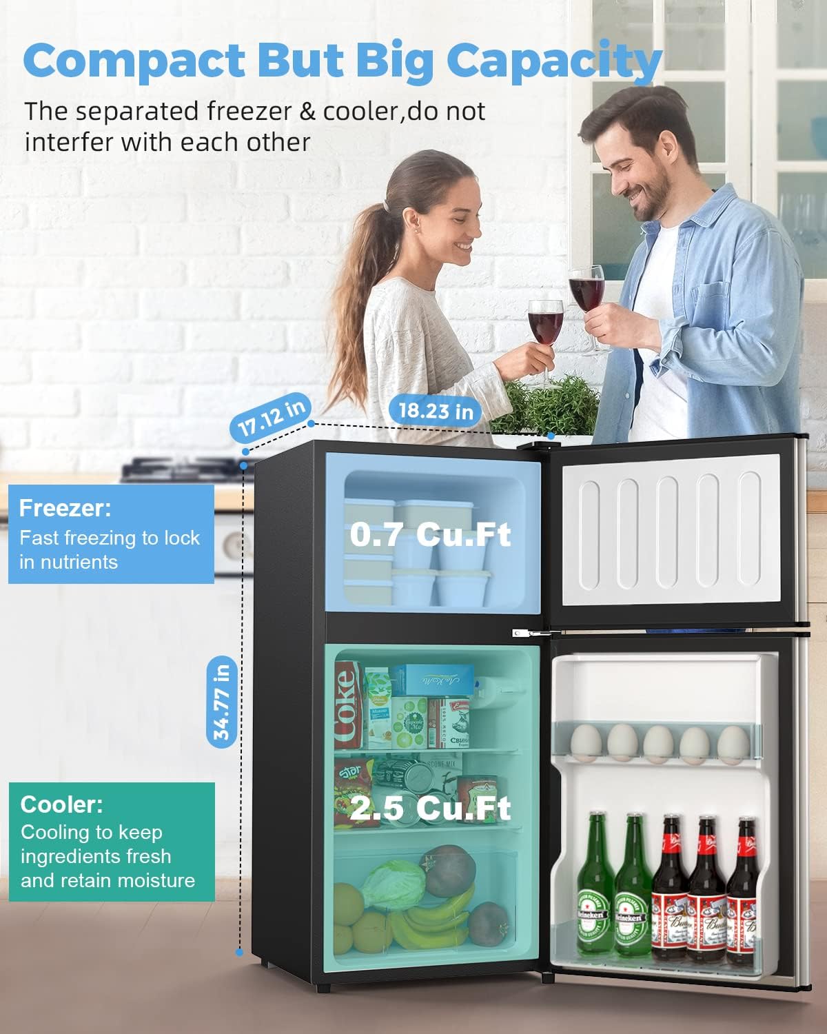 Mini Fridge with Freezer Quite: 3.2 Cu.Ft Mini Refrigerator with 2 Doors - Small Refrigerator Energy-Efficient Compact Refrigerator - Small Fridge for Bedroom Dorm Office Apartment (Champagne)