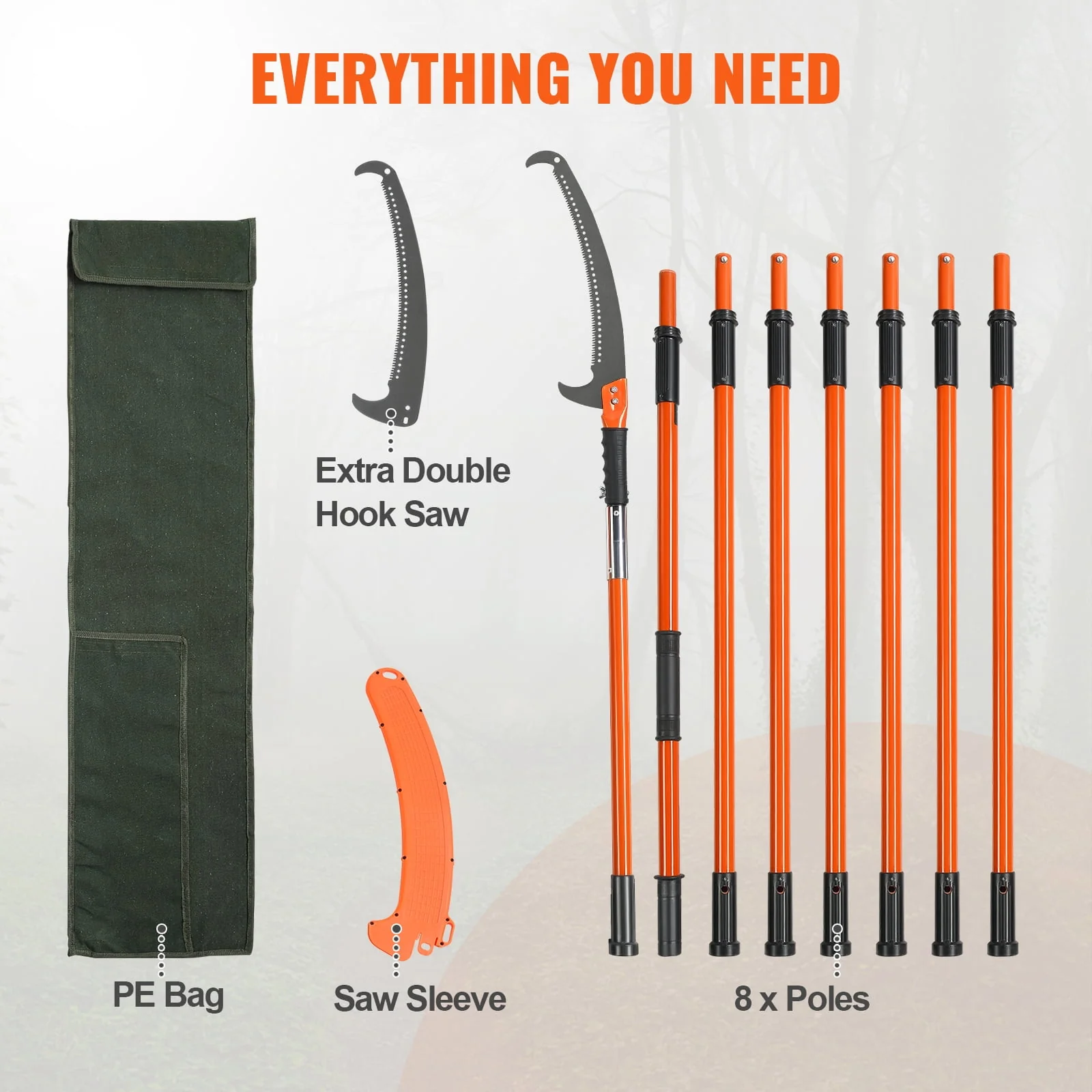 BENTISM Manual Pole Saw Extendable Tree Pruner 7.3-27ft Fiberglass Pole Hook Knife