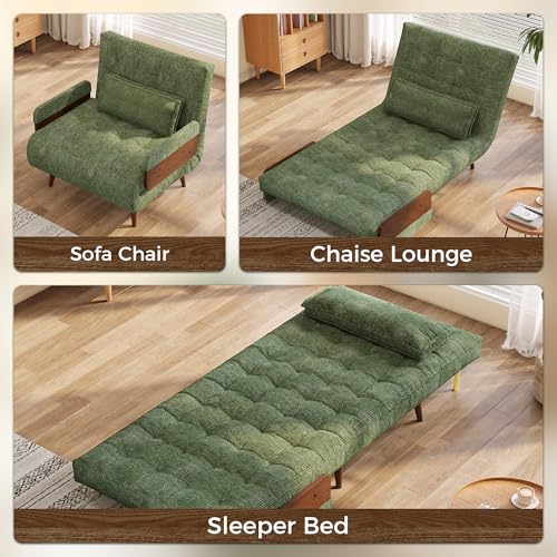 3-in-1 Convertible Chair Bed Sleeper for Adults, Linen Convertable Sleeper Chair with Wooden Arms & Pillows, Foldable Single Futon Sofa Bed (Mid Century with Walnut Arm, 36.6" Wide)