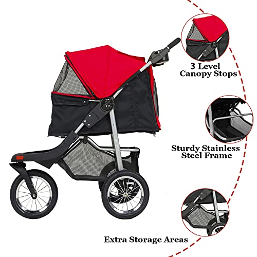 VIAGDO Premium Heavy Duty Dog Stroller for Small Medium Dogs & Cats, 3-Wheel Pet Stroller, Foldable Cat Strollers with Suspension System/Link Brake/One-Hand Fold, Max. Loading 55 LBS Black Red