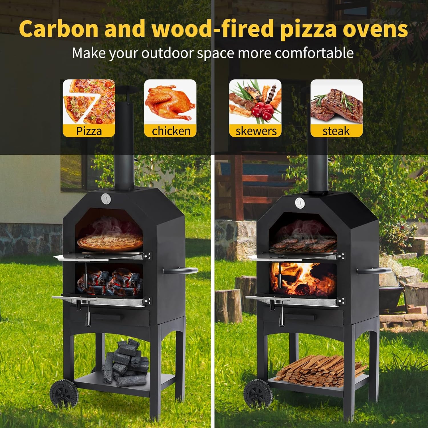 Pizza Oven Outdoor, Wood-Fired Pizza Oven 63" Height Patio Pizza Maker with Pizza Stone, Pizza Peel, Grill Rack and Waterproof Cover for Outside Backyard Camping