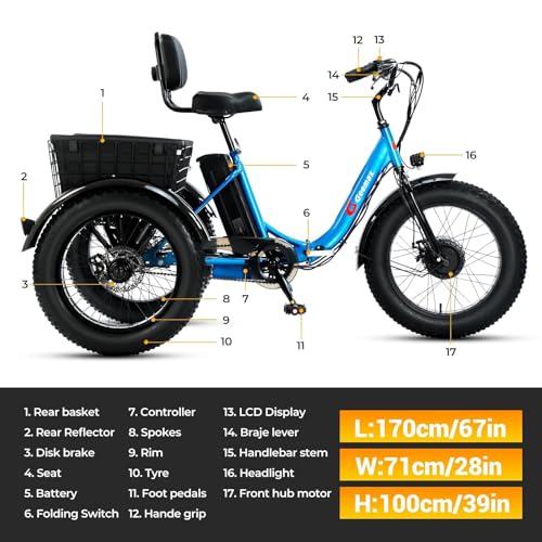 Electric Tricycle for Adults, 20" x 4.0 Fat Tire Electric Trike, Peak 750W 25MPH 36V 13Ah Lithium Battery UL Certified, Premium 80% Assembled Foldable 3 Wheel Electric Bicycle, Blue