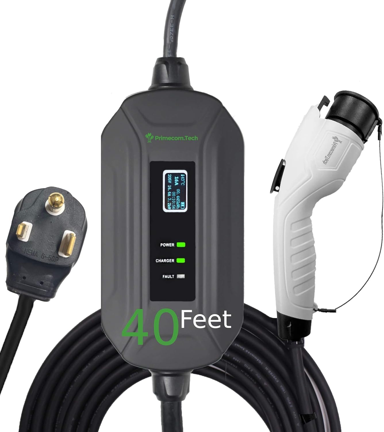 PRIMECOM Level 2 Electric Vehicle (EV) Charger (220V / 240Volt, 16Amp) Portable EVSE Smart Electric Car Charger, 30', 40', and 50 Feet Lengths (European, 35 Feet)