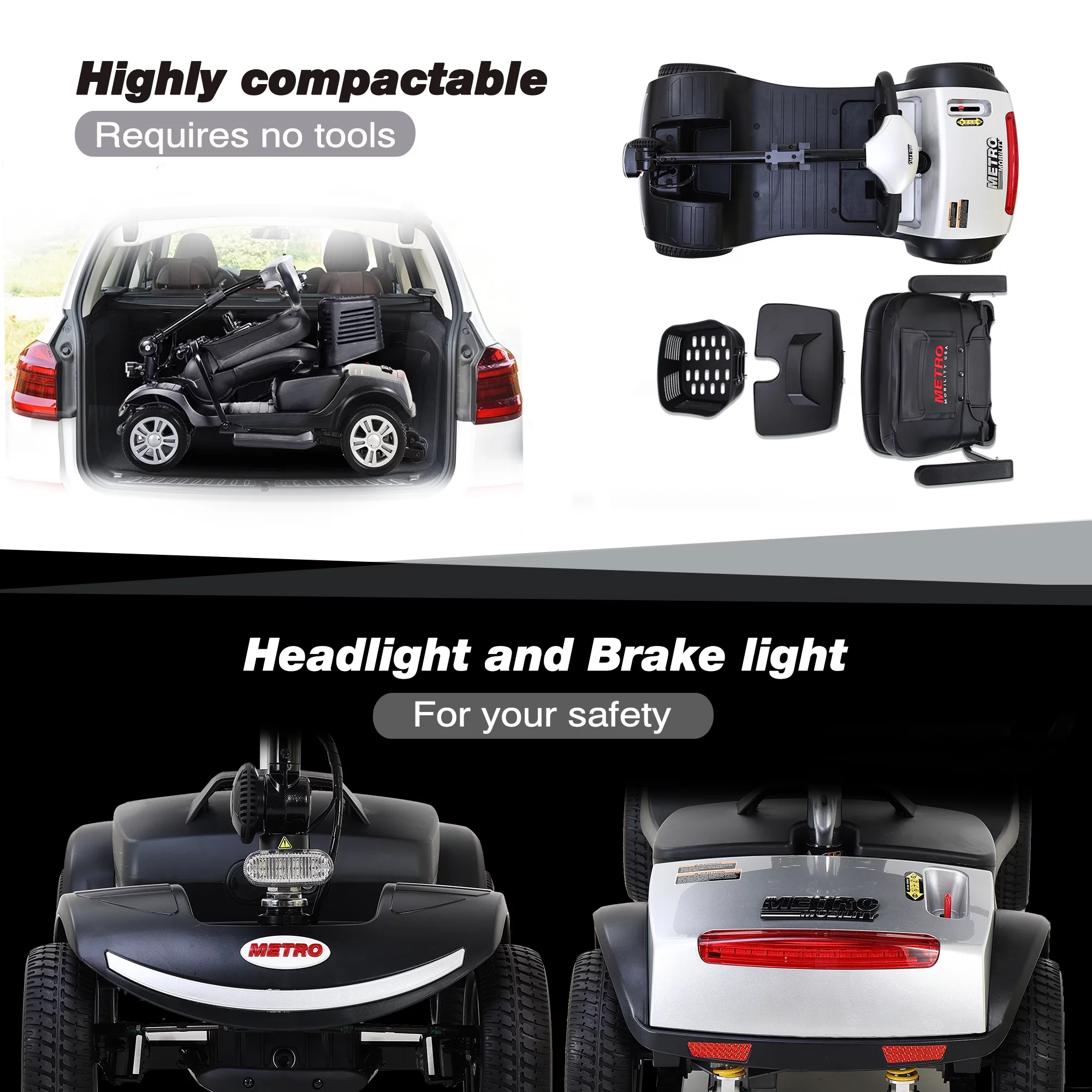4-Wheel Mobility Scooter for Adults, Compact Motorized Scooter w/ Detachable Basket, Heavy Duty Mobility Scooter for Seniors, Adults, Max Speed 4.97mph, 300lbs, Silver, SS207