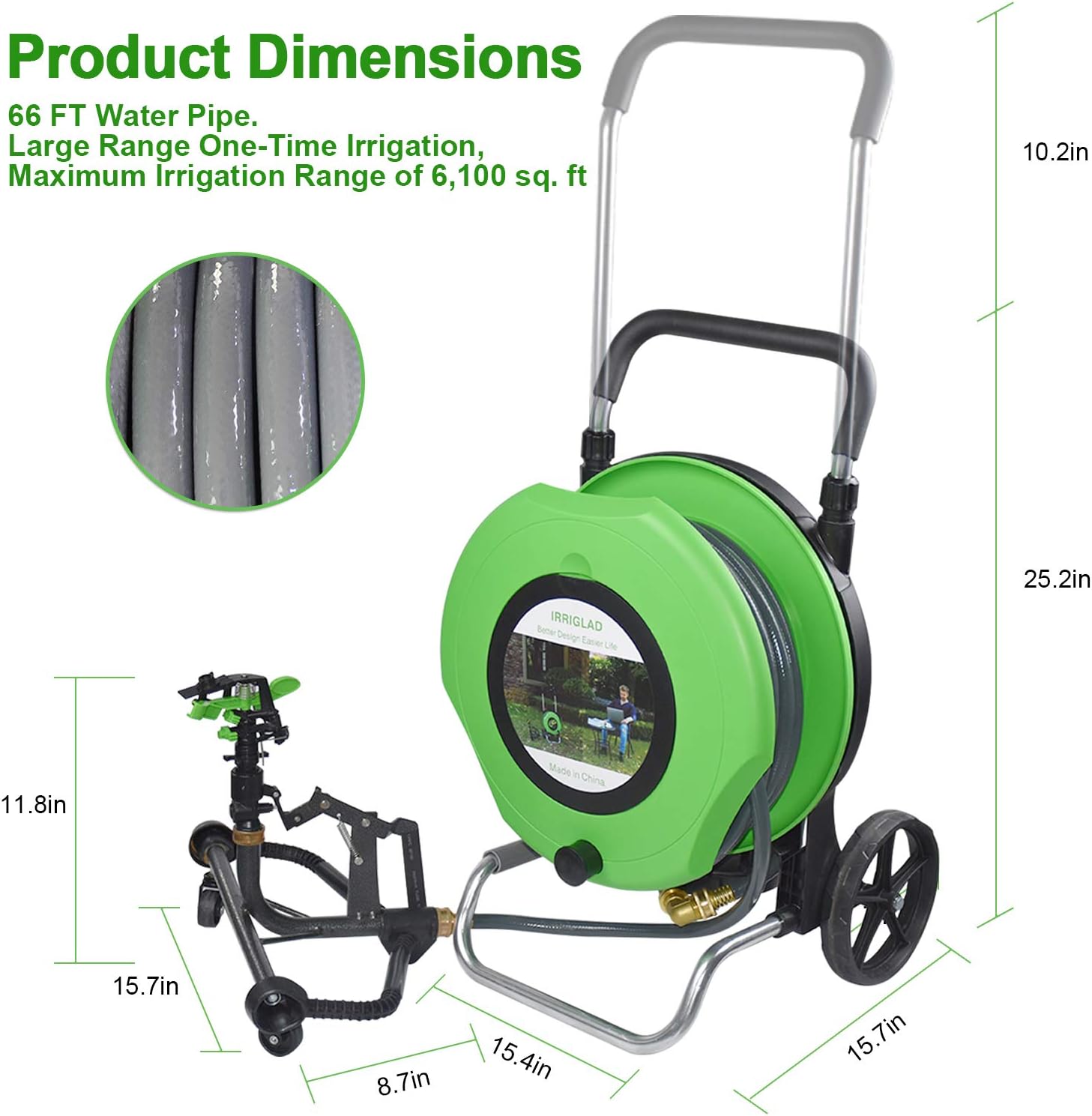 IRRIGLAD Mechanical Fully Automatic Garden Hose Reel Cart, Water Planting Truck, 66Ft Retractable Garden Hose Reel Cart and Convenient Hose Guide, For Lawn Irrigation for Gardens, Farm, Pasture