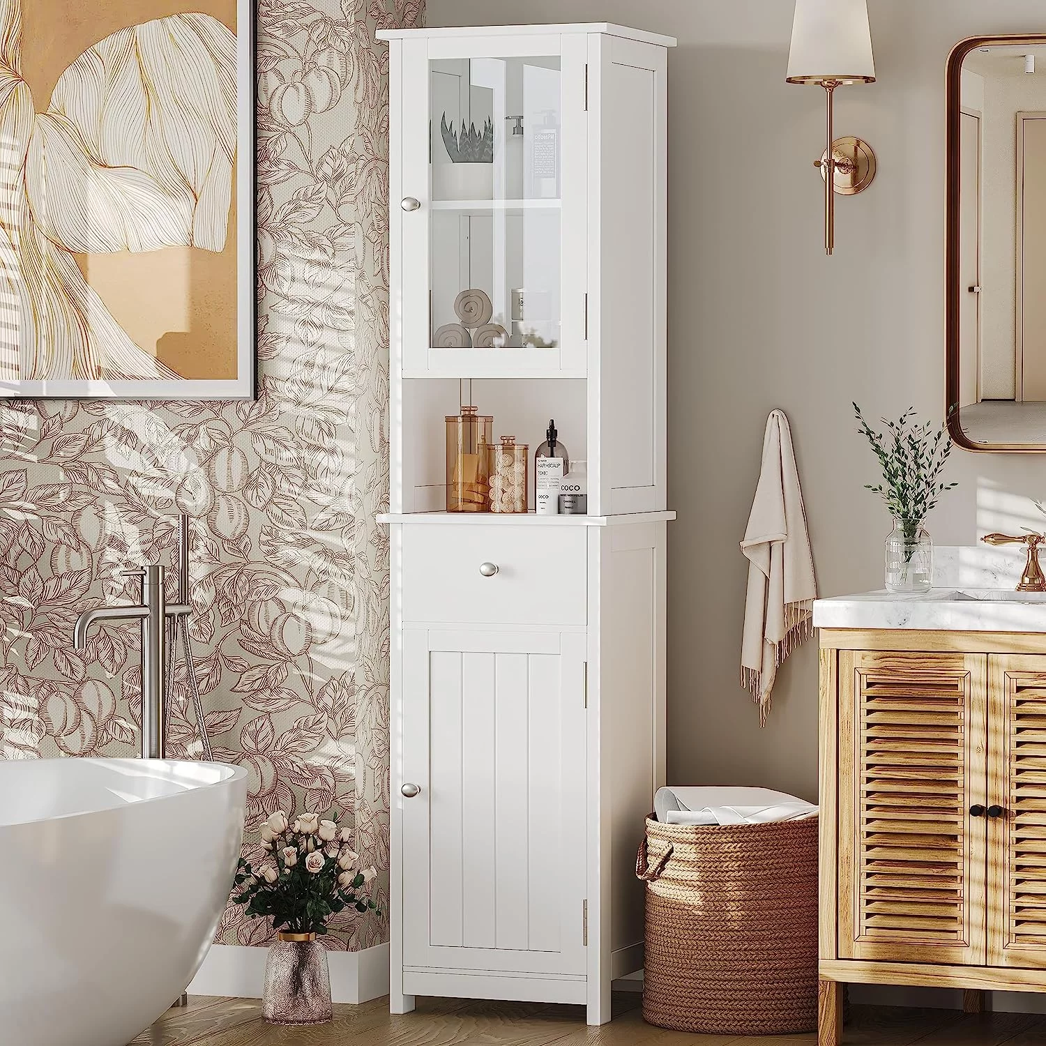 YINCHEN Tall Bathroom Floor Cabinet with Glass Doors, Narrow FreeStanding Storage Cabinet with Adjustable Shelf, Wooden Bathroom Storage Cabinet, Pantry with Drawer, White BMGZ105W
