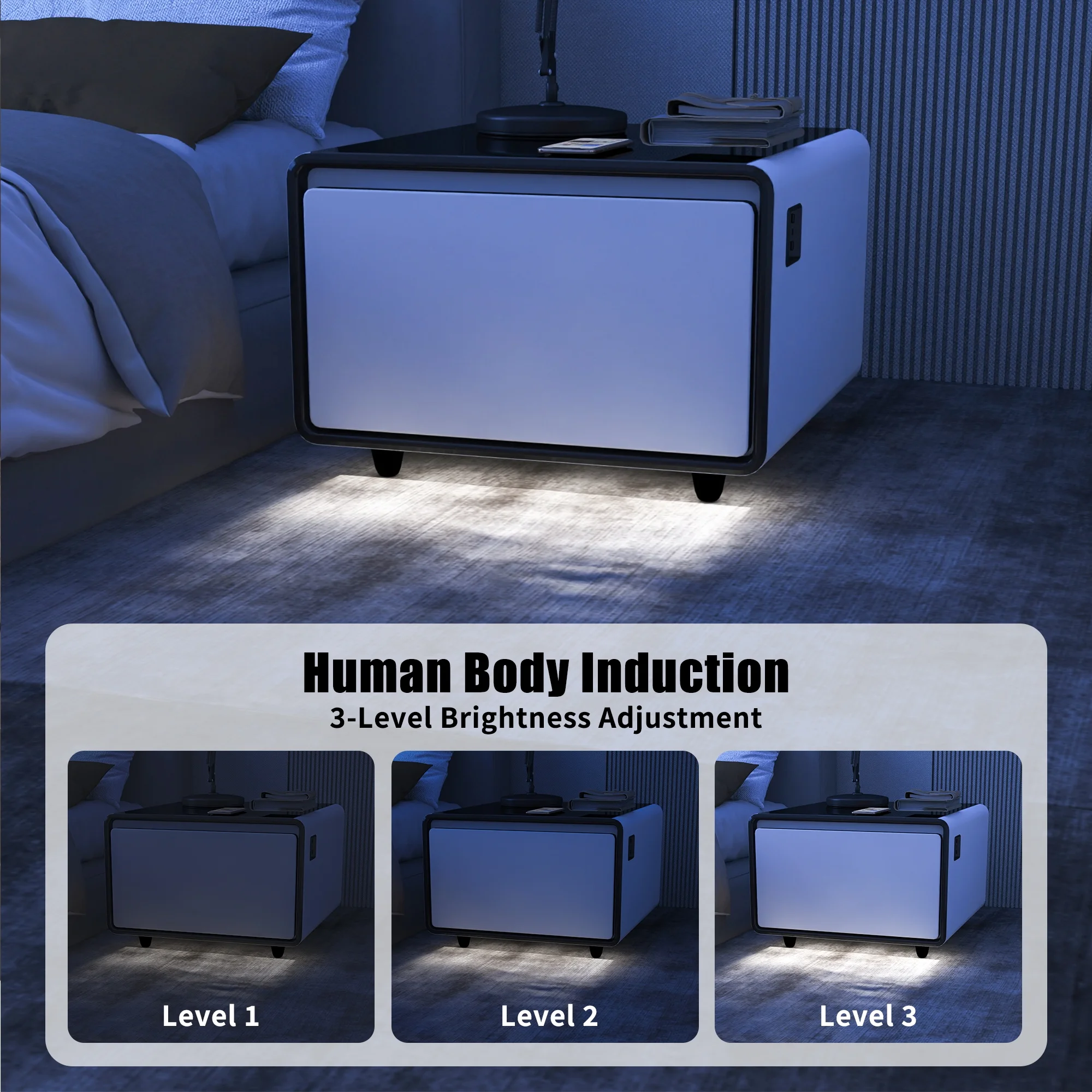 Livtab Smart Side Table with Built in Fridge, Charging Station, End Table with Storage Drawer, Control Panel for Living Room, White