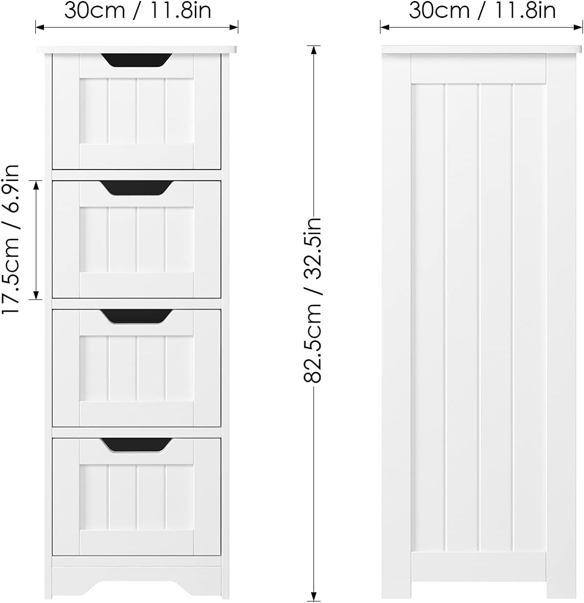 Bathroom Floor Storage Cabinet with 4 Drawers, 11.8 x 11.8 x 32.3 Inch Free Standing Entryway Cupboard Storage Organizer Unit for Home Multipurpose, White