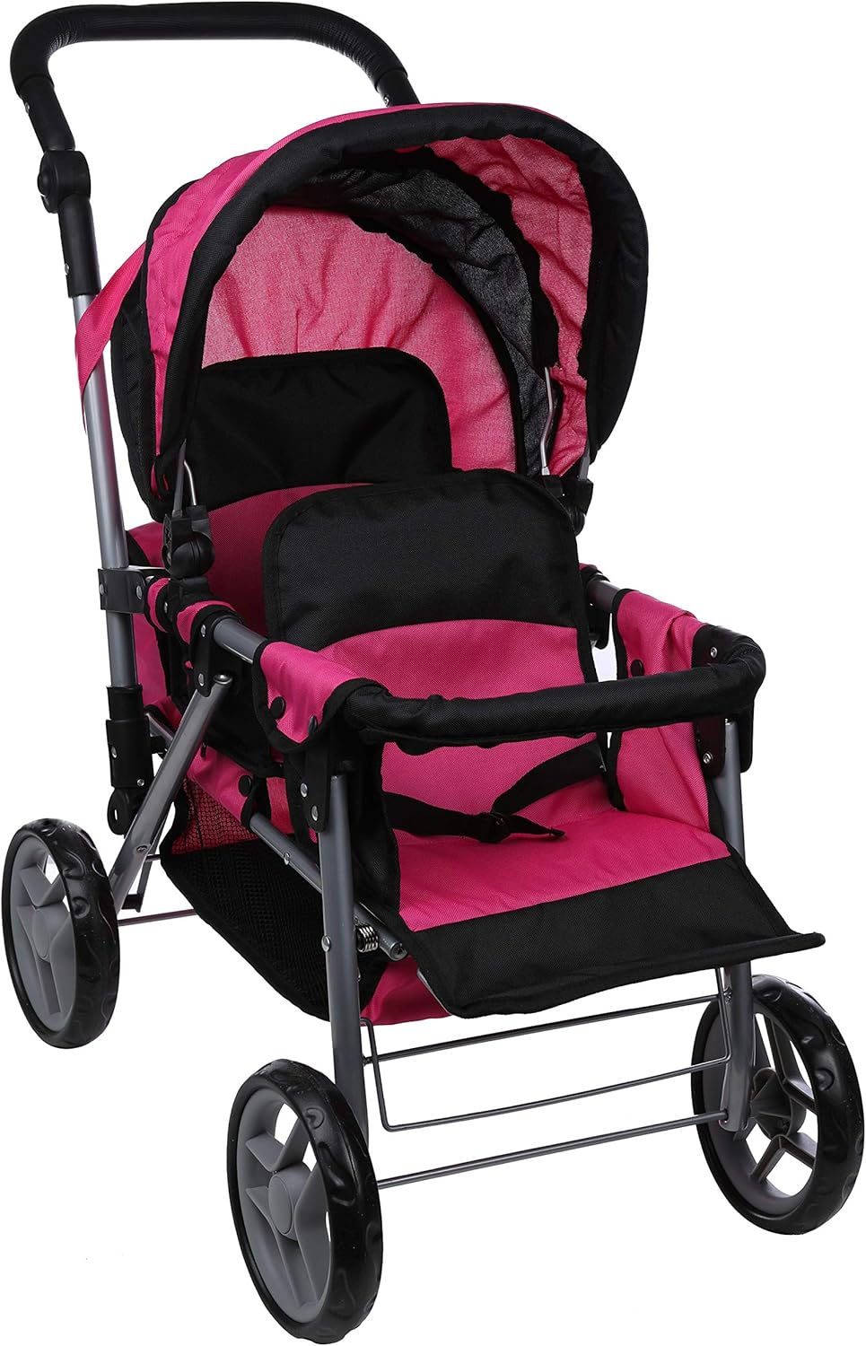 Mommy & Me Twin Doll Stroller Foldable Double Back to Back Doll Pram with Basket, Adjustable Handle, and Free Carriage Bag Hot Pink & Black - 9386