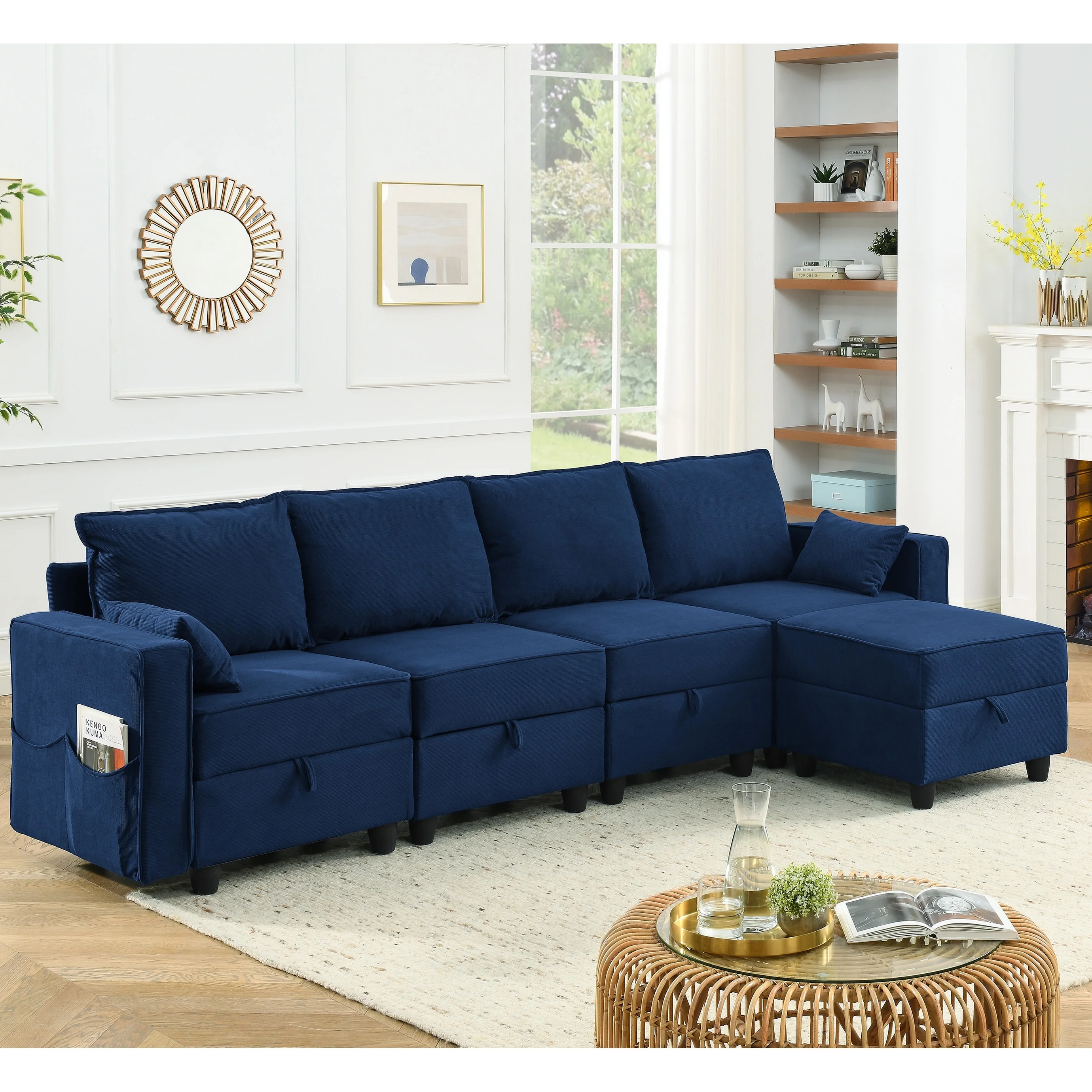 High-end Modular Sofa Couch, Storage Sectional Sofa set for Living Room, Navy Blue Corduroy Velvet, 5 Seat Spring Pack Cushions