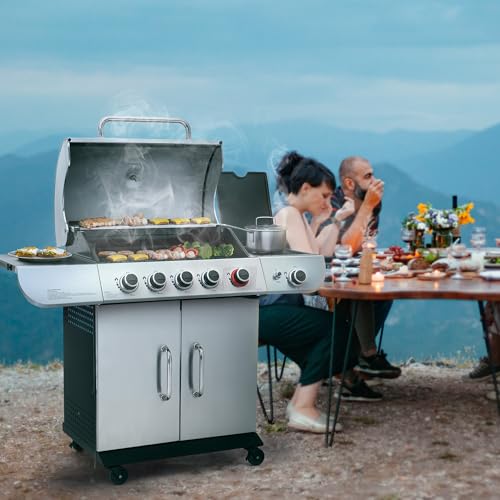 Royal Gourmet SG5002 5 Burner Propane Gas Grill with Side Burner & Sear Burner, Stainless Steel Gas Grill with 61,000 BTUs Output for Outdoor Patio Garden Backyard Cooking, Silver