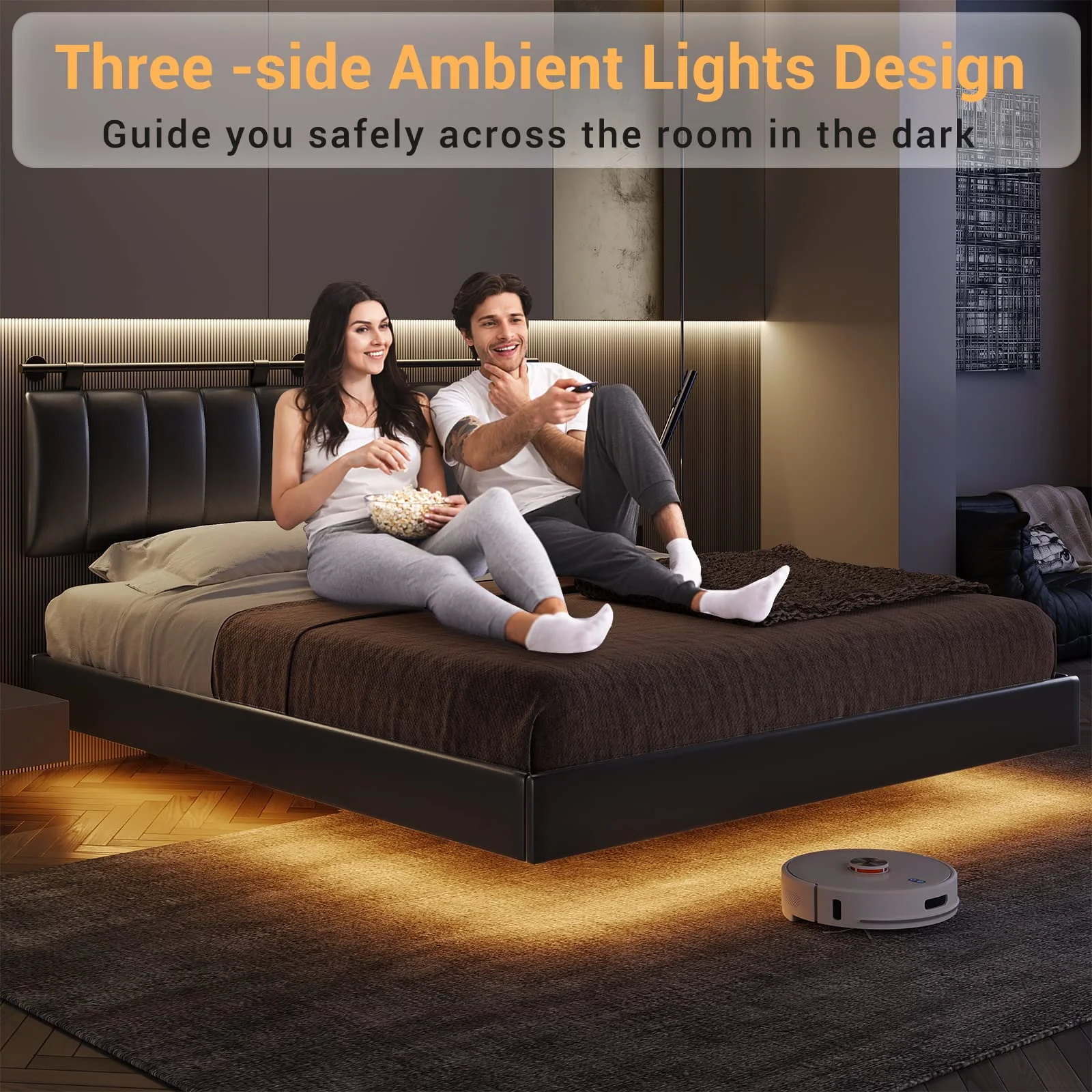 ADORNEVE Queen Floating Bed Frame with LED Lights and Wall Mounted Headboard, Modern Faux Leather Upholstered Platform Bed Frame, No Box Spring Needed, Black