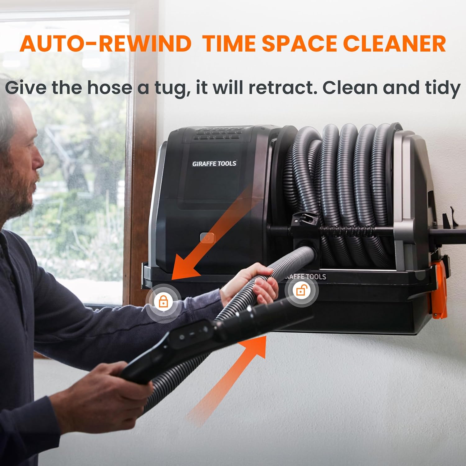 Giraffe Tools Wall-Mounted Vacuum Cleaner with 30FT Retractable Hose, Wet Dry Vacuum Cleaner with 6 Nozzles for Car Detailing Remote Control, Grey