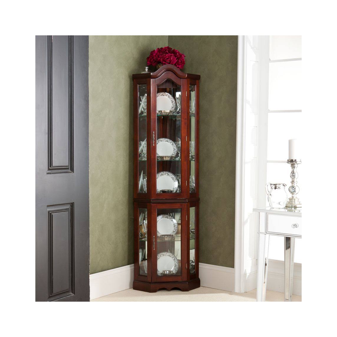 Southern Enterprises Lighted Corner Curio Cabinet, Mahogany