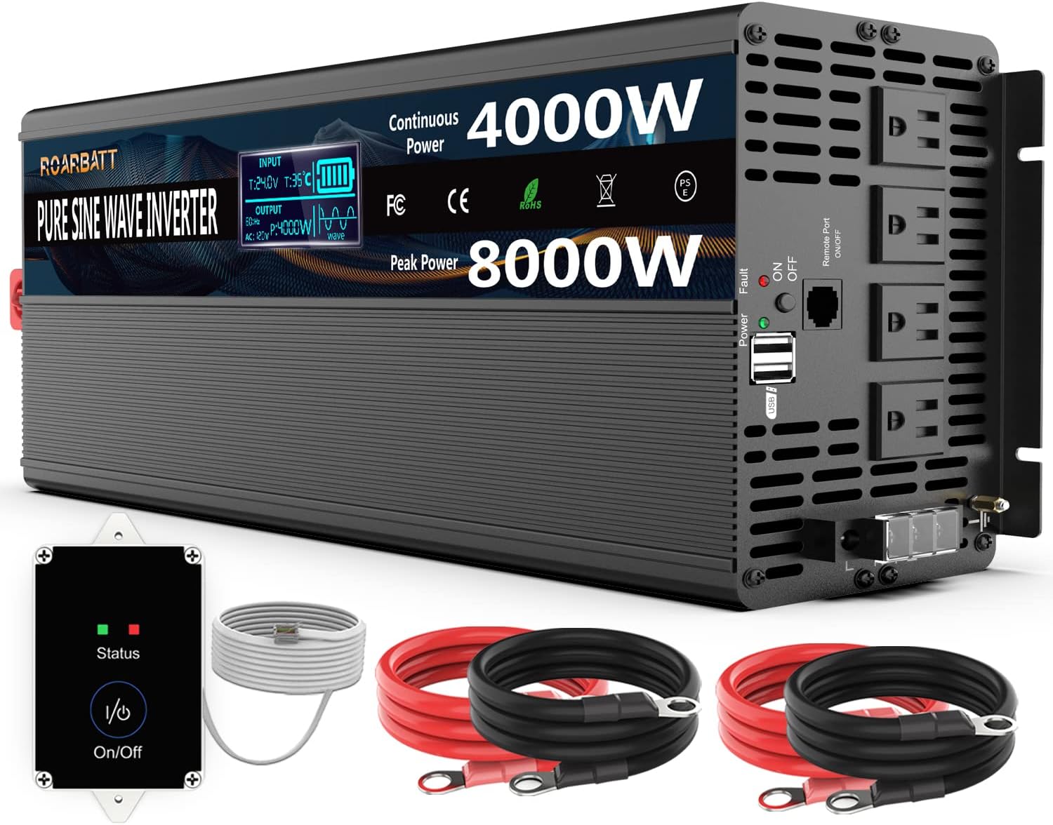 Pure Sine Wave Power Inverters 4000Watt 12V DC to AC 110V 120V Peak Power 8000Watt with Remote Control 4 AC Outlets and Dual USB Port for CPAP RV Car Solar System Emergency