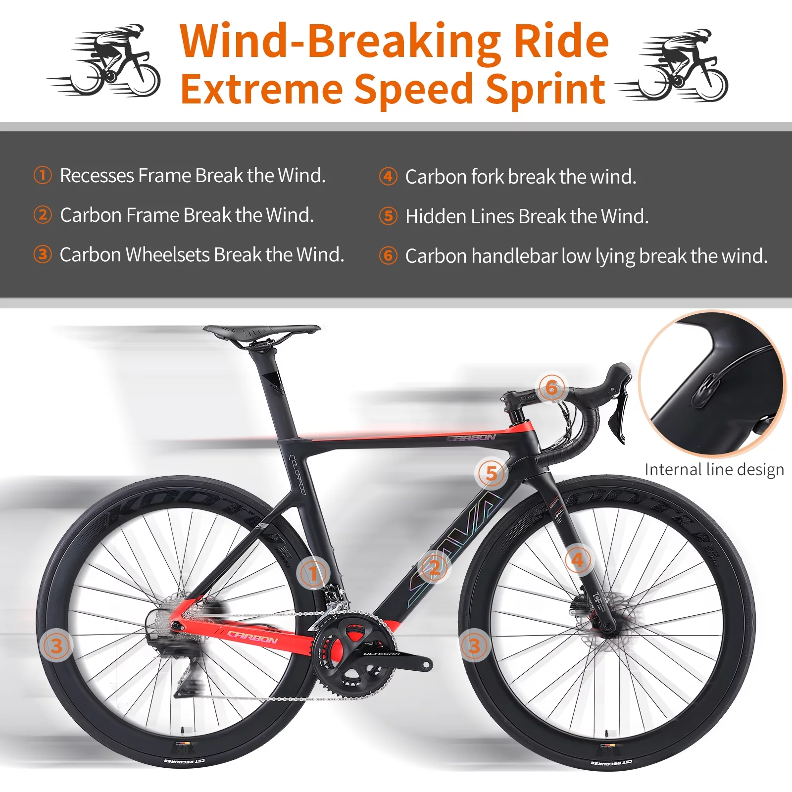 SAVADECK Carbon Fiber Road Bike, Complete Carbon Racing Road Bike 22 Speed with Shimano ULTEGRA R8000 Group Set and R8020 Hydraulic Disc Brake and Thru Axle System（47cm black red)