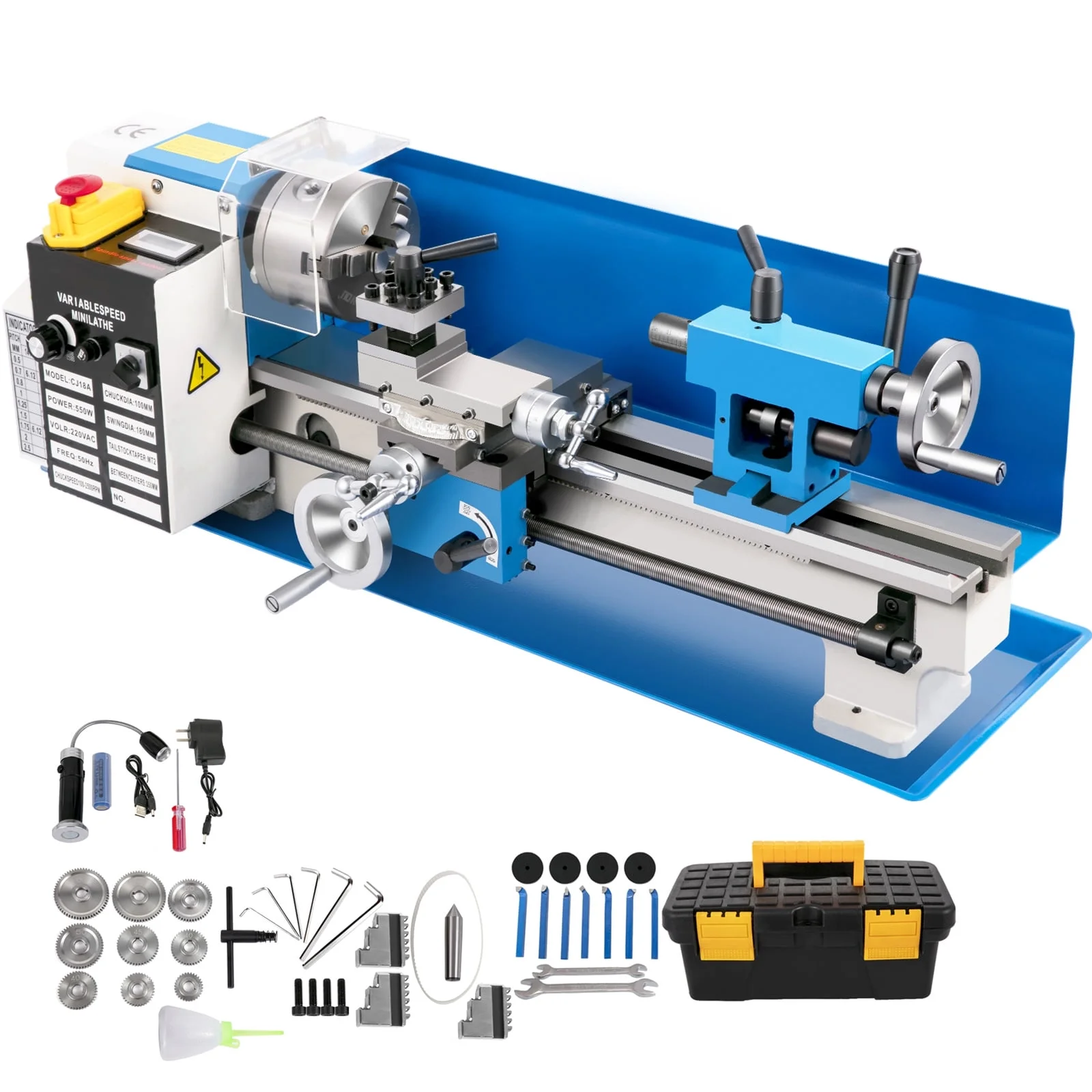 SKYSHALO Mini Metal Lathe, 7"x14" Benchtop Metal Lathe, with 3-jaw Chuck CNC Mini Lathe Machine, Precision Mini Lathe w/Tool Box Digital Display, 550W Variable Speed 2250RPM Metal Lathe, - Curated Treasures Market