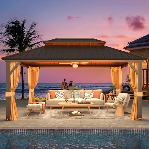 YOLENY 10' x 12' Hardtop Gazebo, Wood-Looking Gazebo with Galvanized Steel Double Roof, Aluminum Frame, Permanent Metal Pavilion with Netting and Curtains for Deck, Backyard, Patio and Lawns