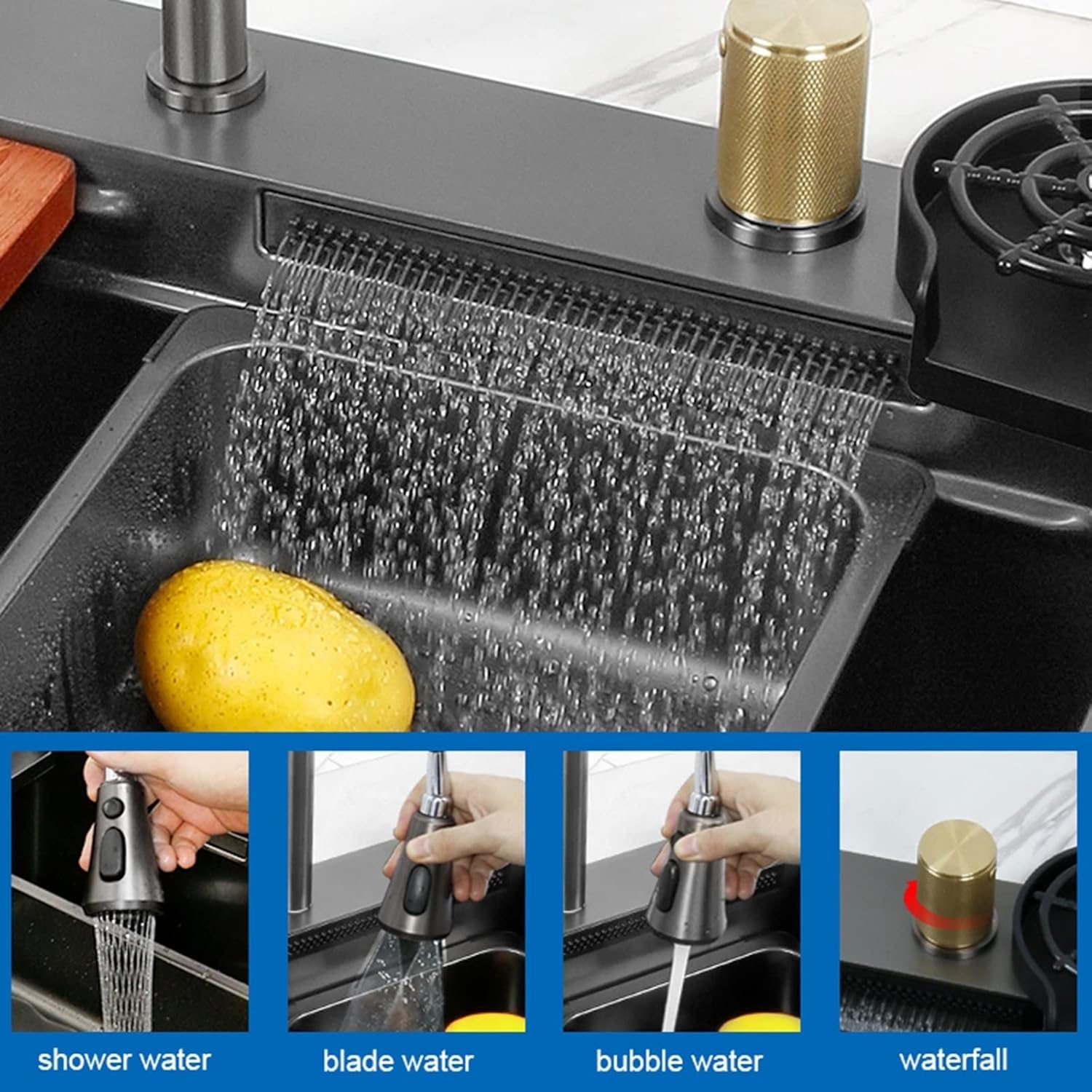 Kitchen Sink, Waterfall Sink, Pull-Out Faucet Single Bowl Big Sinks